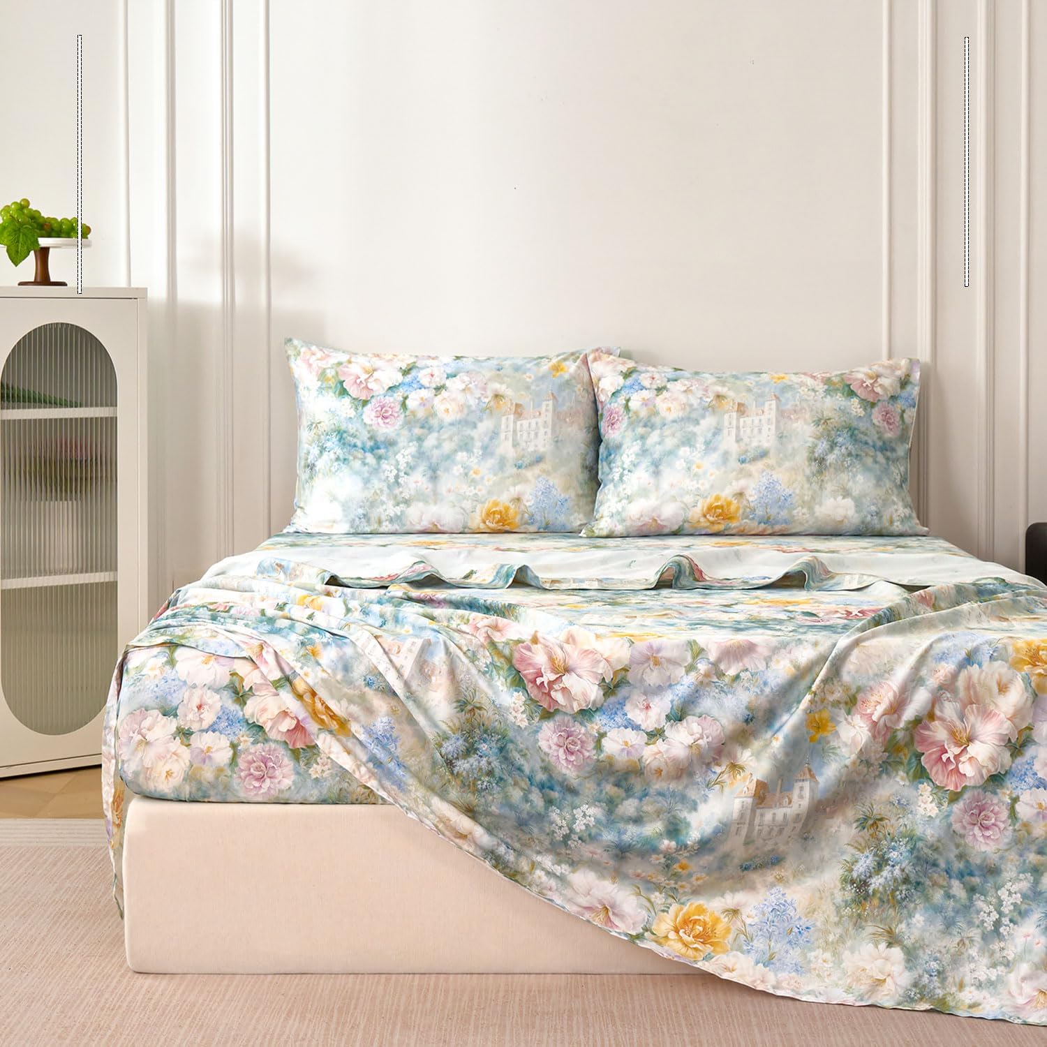 Zusbest King Size Sheets Luxury Floral Bed Sheet Set 100% Cotton, Satin Weave Soft Breathable for Hot Sleepers Romantic Peony Flowery Printed Cottagecore Bedding Deep Pocket 17.5‘’ Bed Set 4Pcs - Image 5