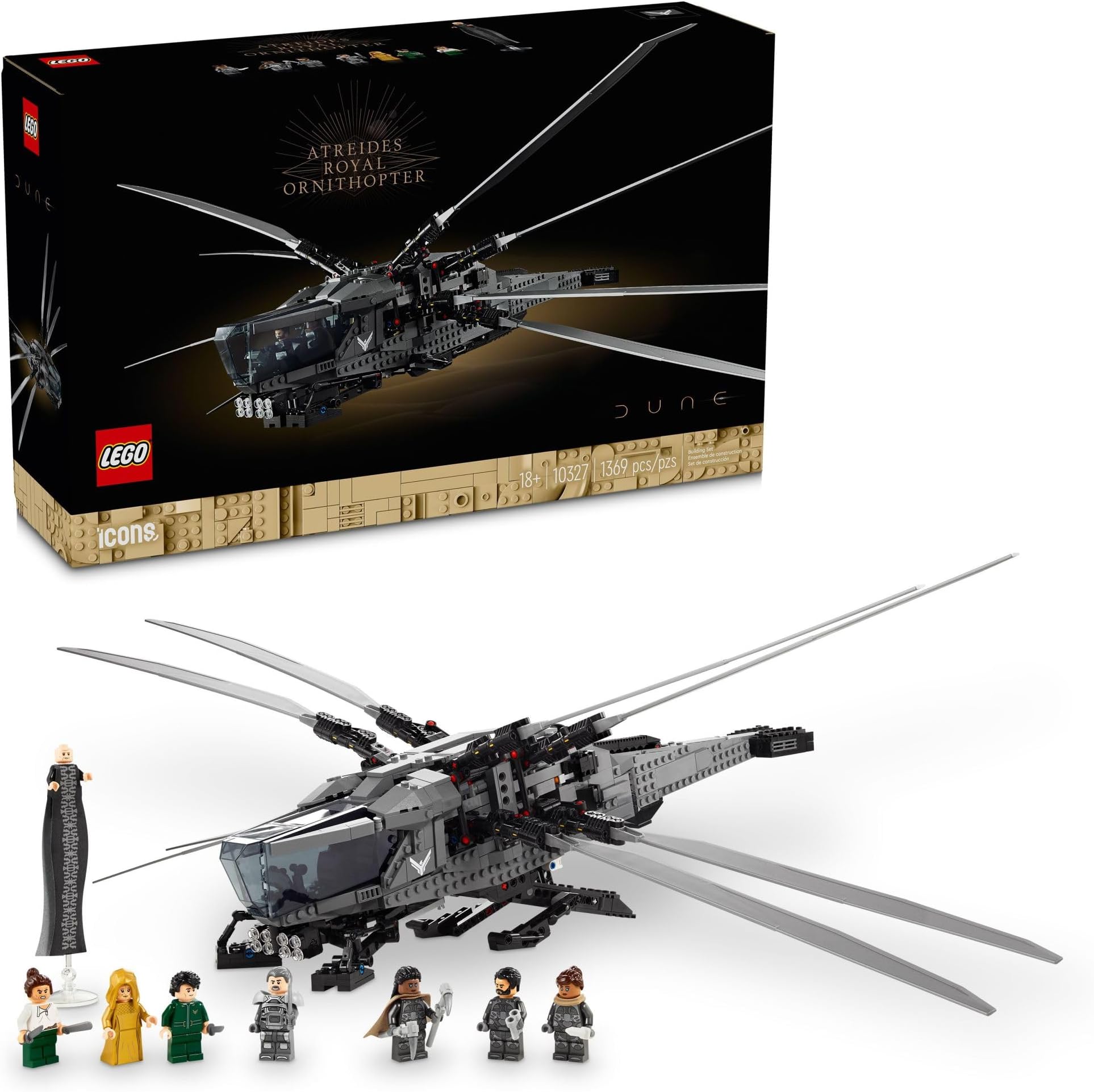 Icons Dune Atreides Royal Ornithopter 10327, Collectible Dune Inspired Model for Build and Display, Adult Gift Idea for Sci-Fi Movie Fans, 8 Minifigures