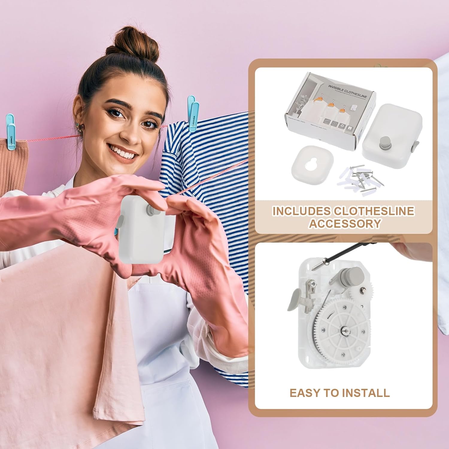 uxcell Retractable Clothesline Indoor, 14Ft Non-Sagging Clothes Line Retracting Outdoors Heavy Duty Clothes Drying Line Wall Mounted Steel Line for Balconies, Courtyards, Dark Blue