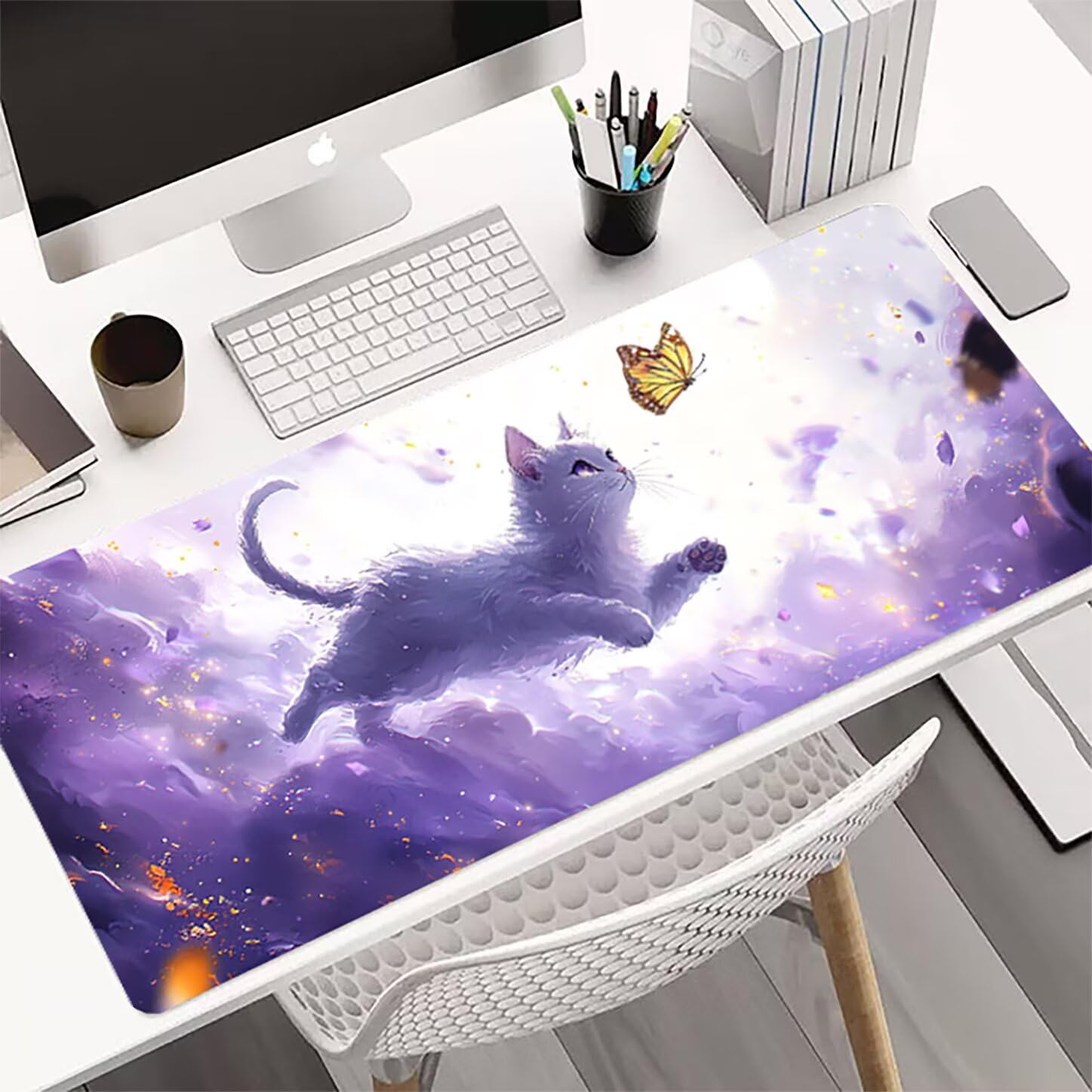 Lpfieonn Katze Großes Schreibtischunterlage, XXL Schreibtischunterlagen, Schmetterling XXL Wasserdicht Gaming Mousepad mit Vernähter Rand und Rutschfeste Gummibasis, für Hause/Büro 120x60cm PF-2825