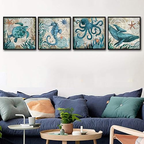 Miniatura 5 de YOOOAHU - 4 piezas de impresión sobre lienzo con motivos de acuarela de océano, para el hogar y la decoración de paredes tema de tortuga marinas,