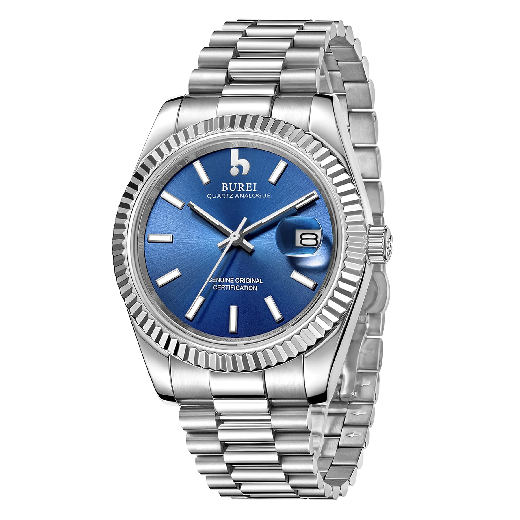 BUREI Herren Uhren Quarz Armbanduhr Datumsanzeige Saphirglas Objektiv mit Zwei Tönen Edelstahlband Uhren für Männer