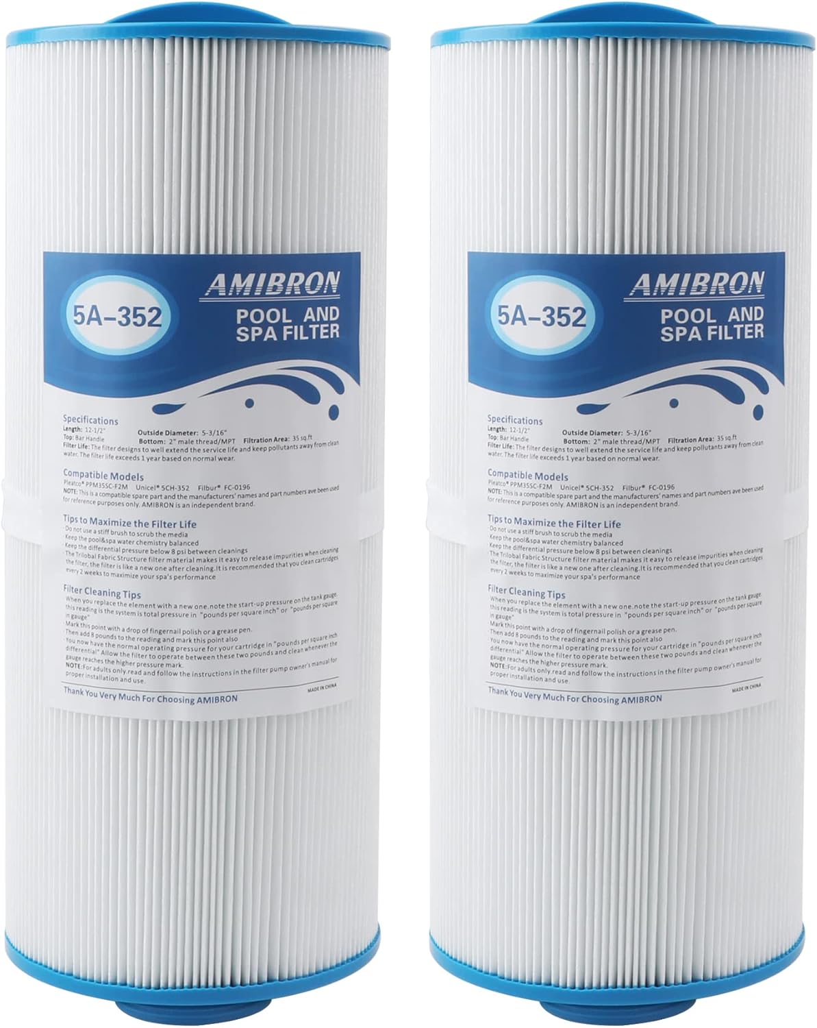 5CH-352 Replaces Marquis Spa Filter, Compatible With PPM35SC-F2M,FC-0196, Marquis 35, Marquis Spa 20042, 20092, 70-0240, 370-0242, 370-0243, 2" Male Fine Thread 35 sq.ft. Hot Tub Filter 2 Pack