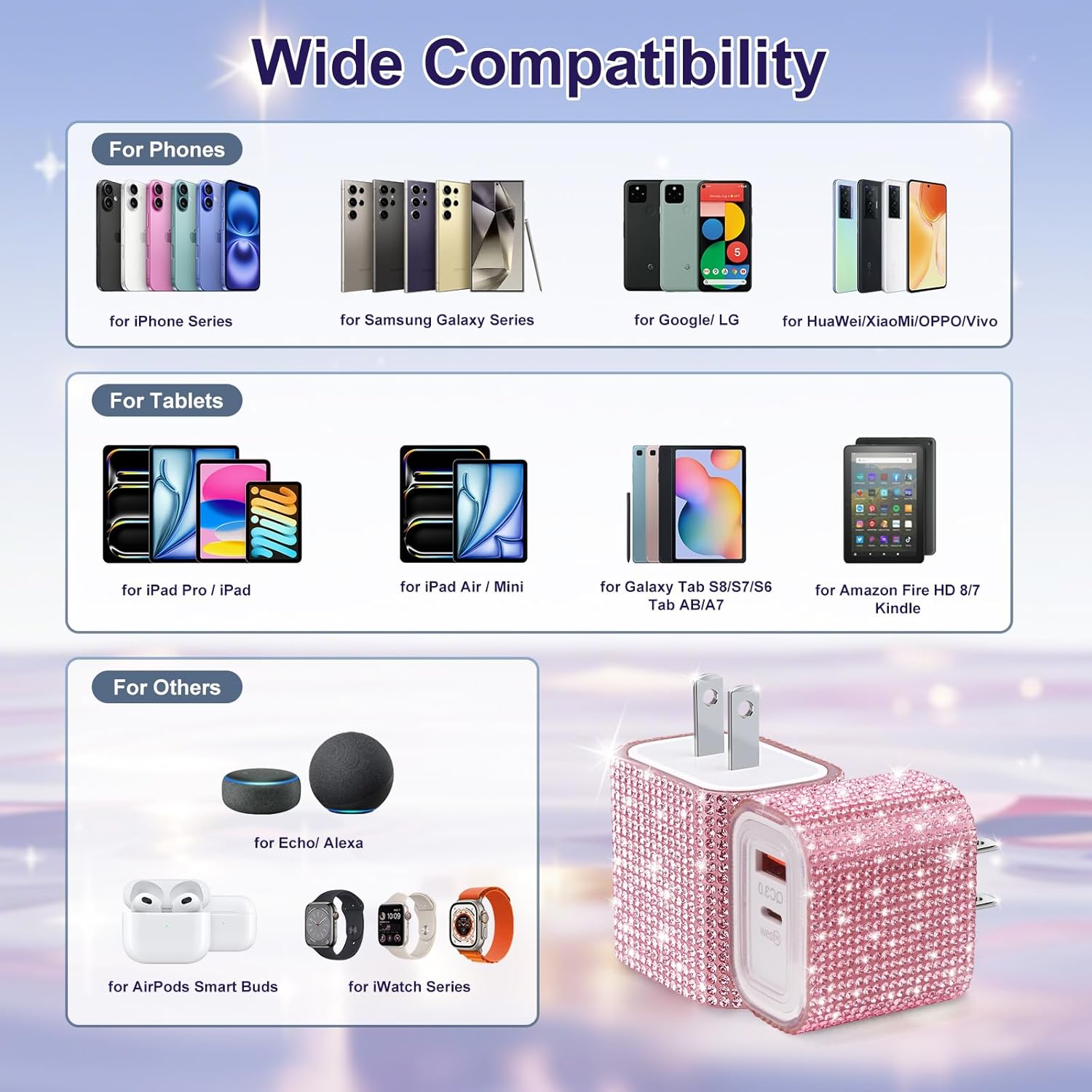 Aolcev for iPhone Charger Fast Charging Bling 2 in 1 USB A USB C Charger Block 25W Type C Fast Charging Blocks for iPhone 17 16 15 14 13 iPad Bling USB C Adapter for Galaxy S25 S24 Rhinestones Pink - Image 7