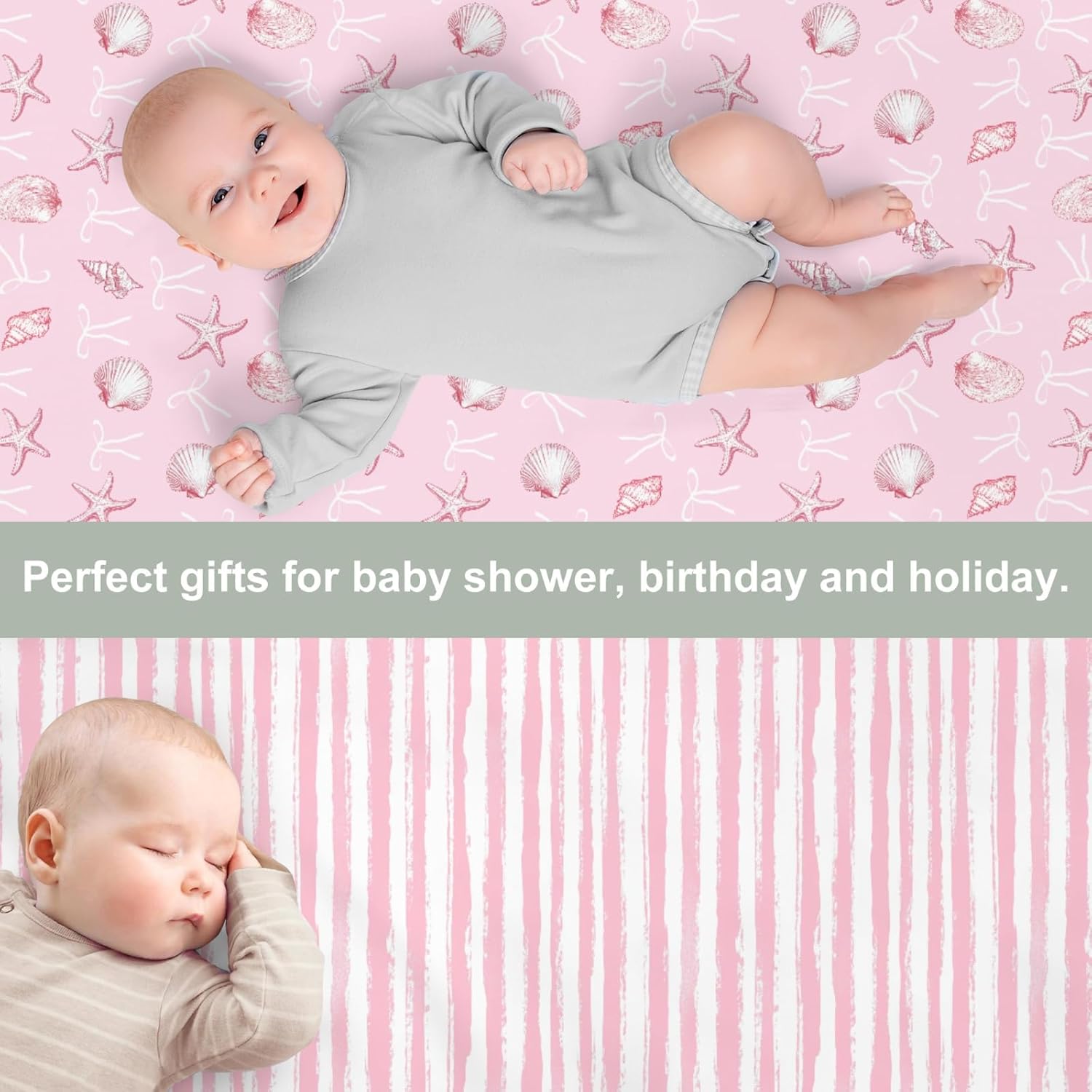 Pink Summer Conches Bows Sea Baby Crib Sheets for Girl 52x28Inch Ocean Seashells Striped Beach Soft Snug Fitted Crib Mattress Cover Boho Nautical Baby Sheet for Standard Crib & Toddler Mattress 2 Pack