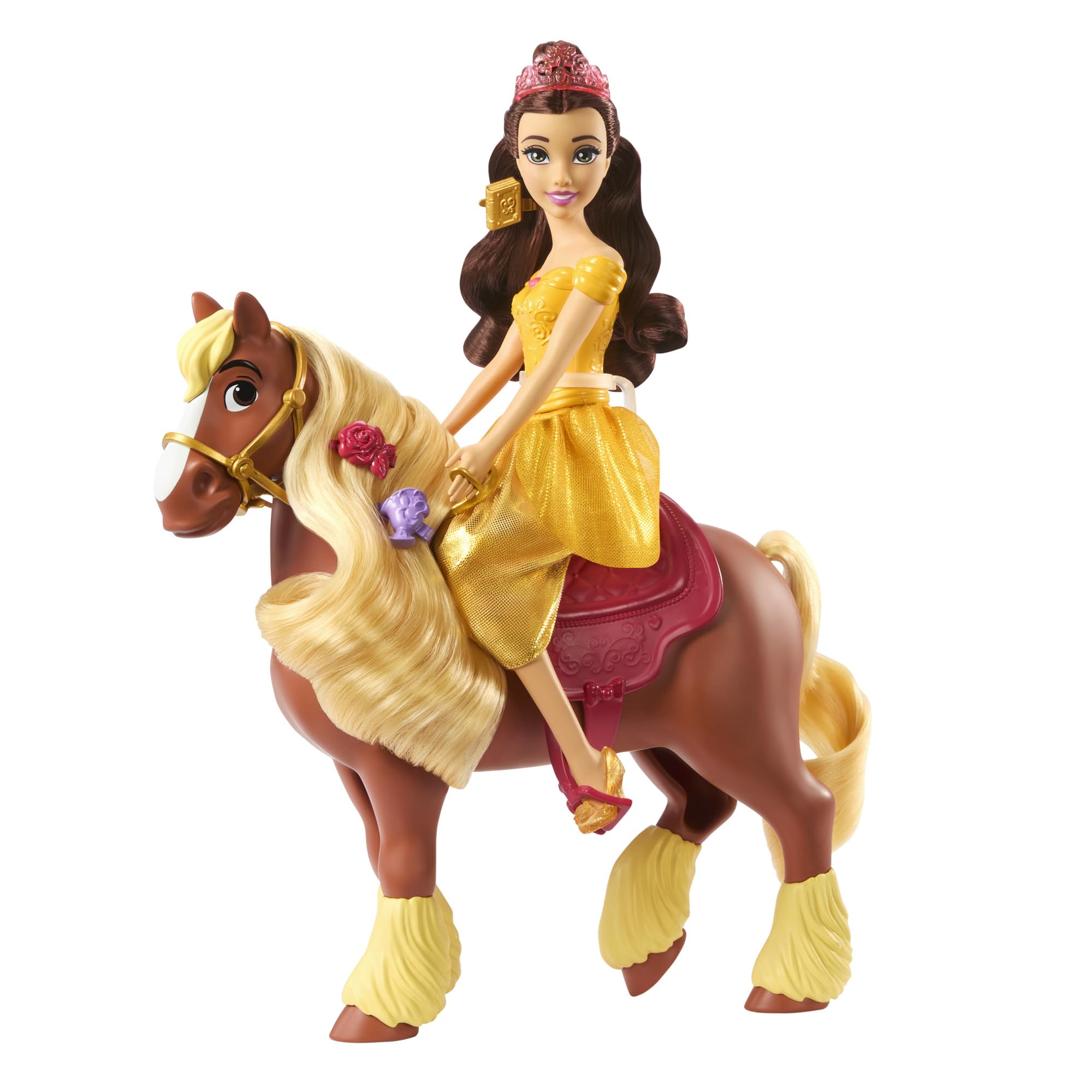 Mattel Disney Princess Toys, Belle Modepuppe & Philippe Pferd mit Sattel, bürstbare Mähne & Schwanz & 4 Styling-Accessoires, inspiriert vom Film