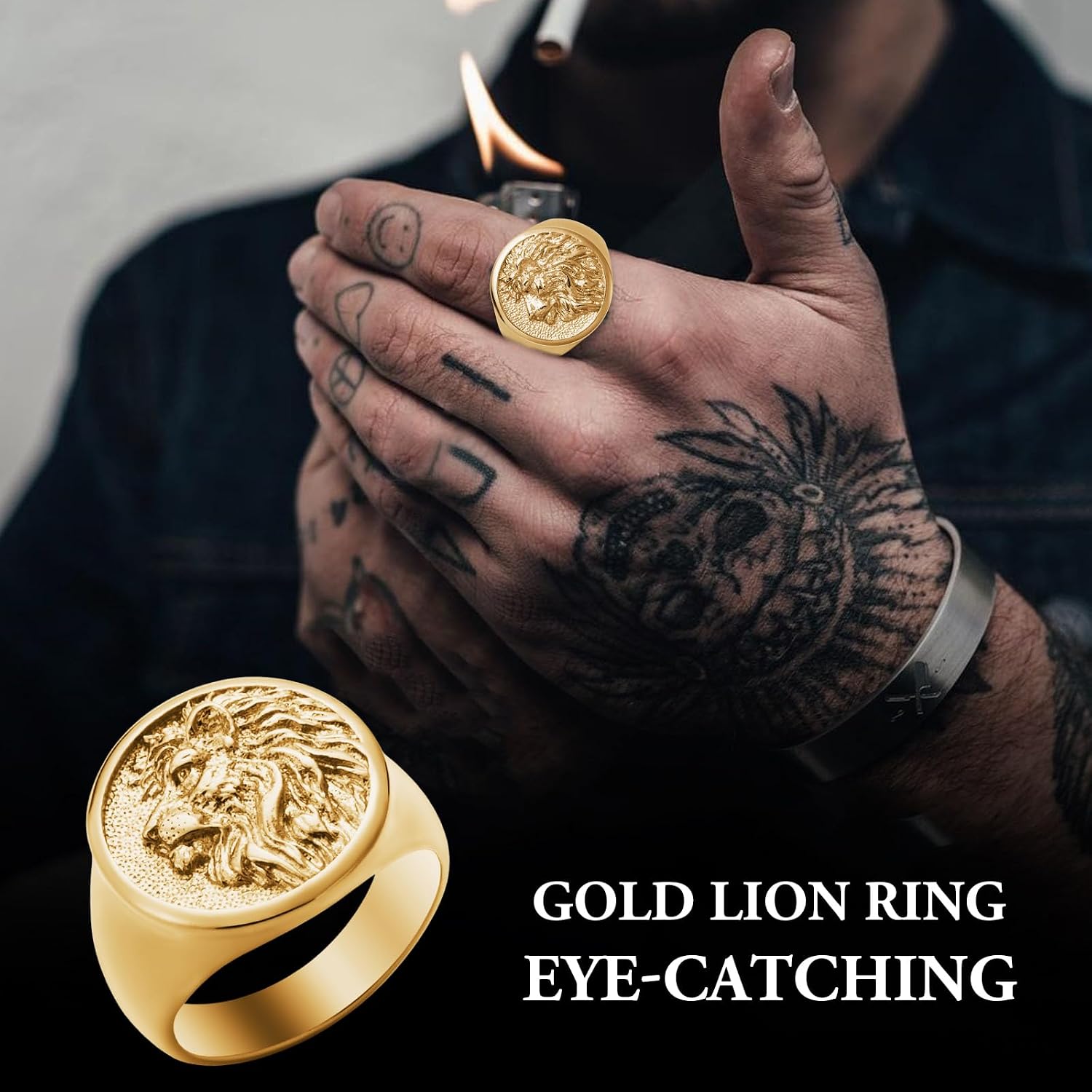 Mens Signet Ring Stainless Steel Lion Eagle Head Statement Rings Jewelry for Men Size 8/9/10/11/12/13
