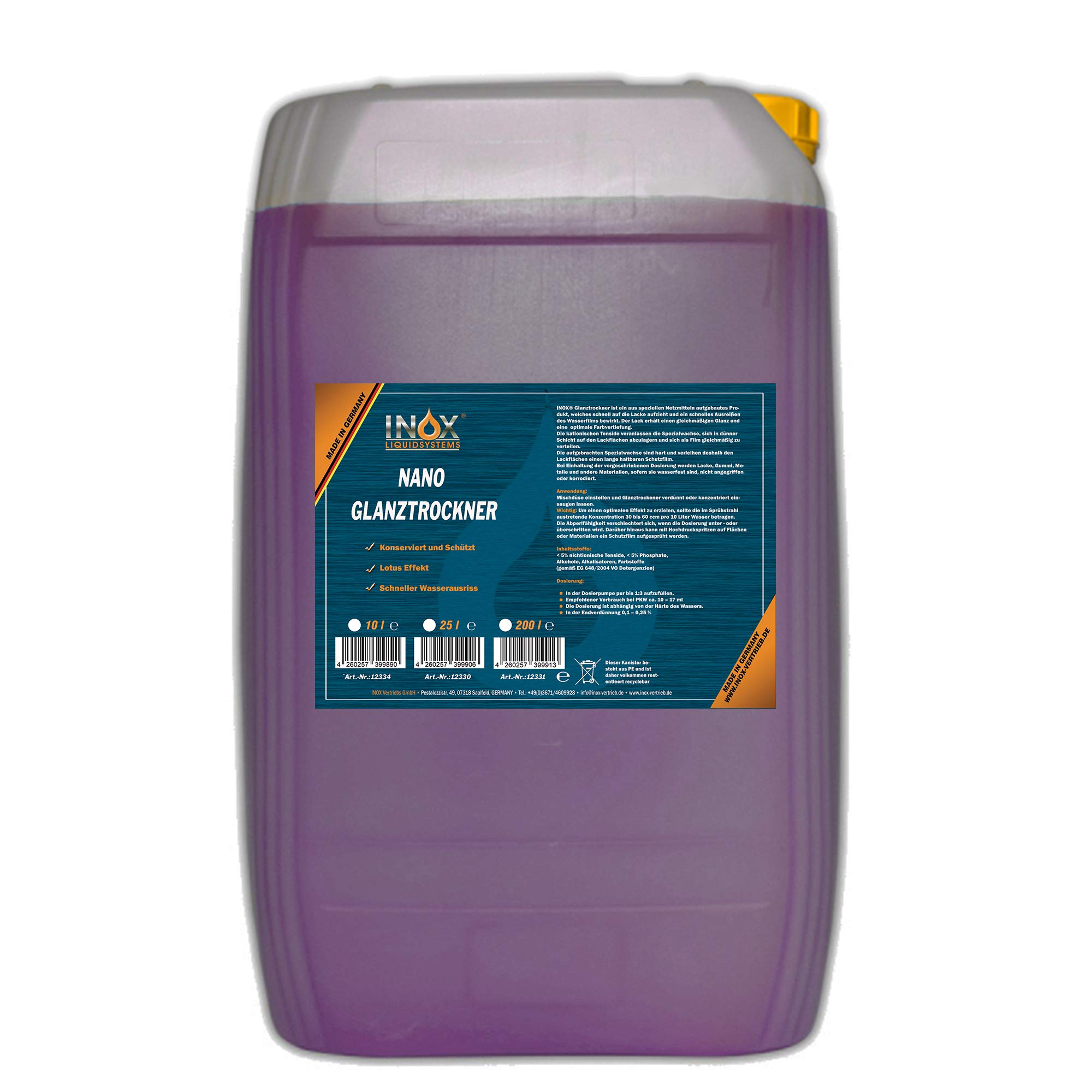 INOX® Nano Glanztrockner Konzentrat, 25 Liter – Hochglanztrockner für Waschstraßen und Waschanlagen, Autowäsche & Autopflege