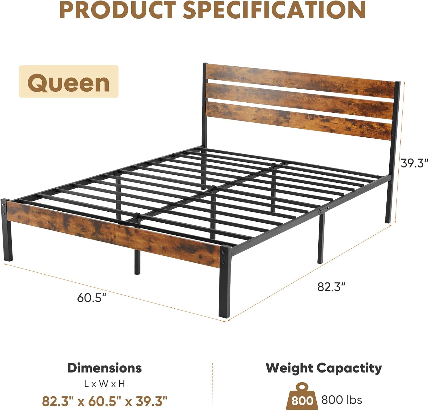 Bed Frame with Headboard, Queen Size 800LBS Mattress Foundation with All Sturdy Metal Support, Under Bed Storage, No Box Spring Needed, Easy Assembly, Rust Brown