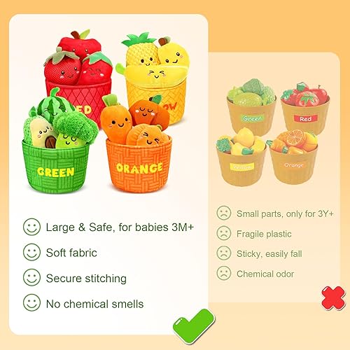 Miniatura 8 de TOHIBEE Juguetes sensoriales para bebés, 16 piezas de alimentos para clasificar colores de frutas y verduras con sonajero, juguetes para bebés de 6