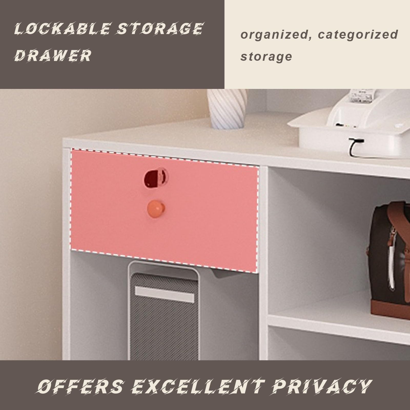 Empfangstheke mit Abschließbarer Schublade, Moderne Rezeption mit Ablagefächern und Großer Arbeitsplatte für Büro, Salon, Praxis und Geschäft(Beige+Brown,200cm)
