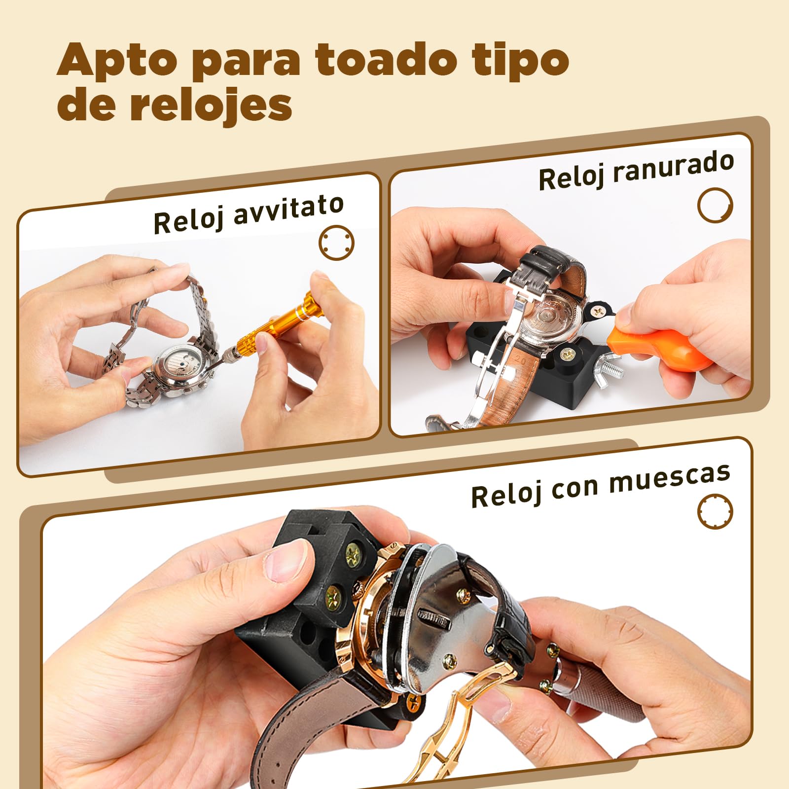 【Versión combinada】Eventronic Kit de Reparación de Relojes+Prensa de Tapa, Juego de Herramientas de Barra de Resorte Profesional, Juego de Herramientas Pasador de Enlace de Banda de Reloj con Estuche