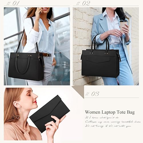 Miniatura 2 de Bolsa de cuero para laptop de 15.6 pulgadas para mujer, juego de 2 bolsas de trabajo profesional con bolso de mano, bolsa grande para computadora de