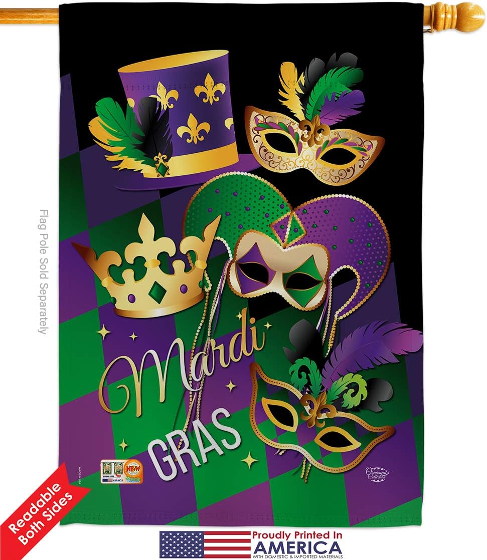 Mardi Gras House Flag Springtime Carnival Festival Masquerade Celebration Season Holiday French Small Decorative Gift Yard Banner Double-Sided Made In USA 28 X 40