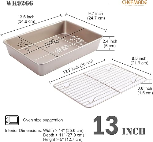 Miniatura 2 de CHEFMADE Roasting Pan with Rack, 13-Inch Non-Stick Rectangular Deep Dish Oven-BBQ Bakeware for Oven Baking 9" x 13" x 2.4" (Champagne Gold)