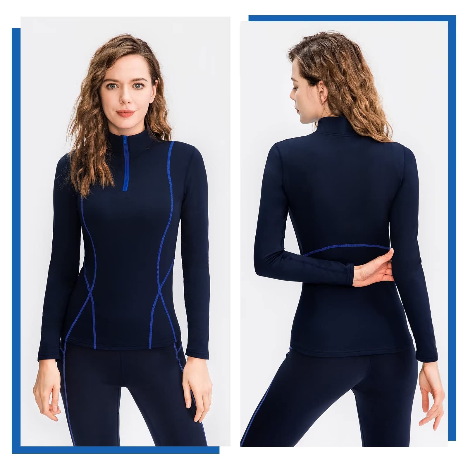 1/4 capa base de esquí para mujer, clima frío, invierno, ropa interior, térmica, para entrenamiento, correr, absorbe el sudor, 13-navy-fleece, Small
