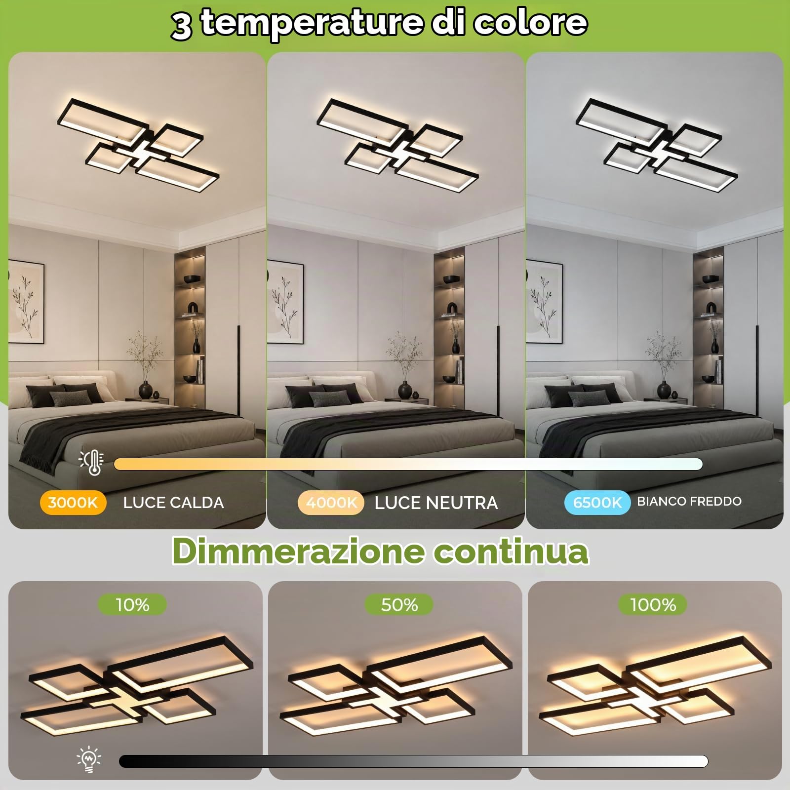 OTREN Plafoniera LED Soffitto Dimmerabile, 82CM 60W Lampadario Camera da Letto con Telecomando 3000K-6500K, Moderno Lampada Soffitto per Soggiorno Cucina, Nero