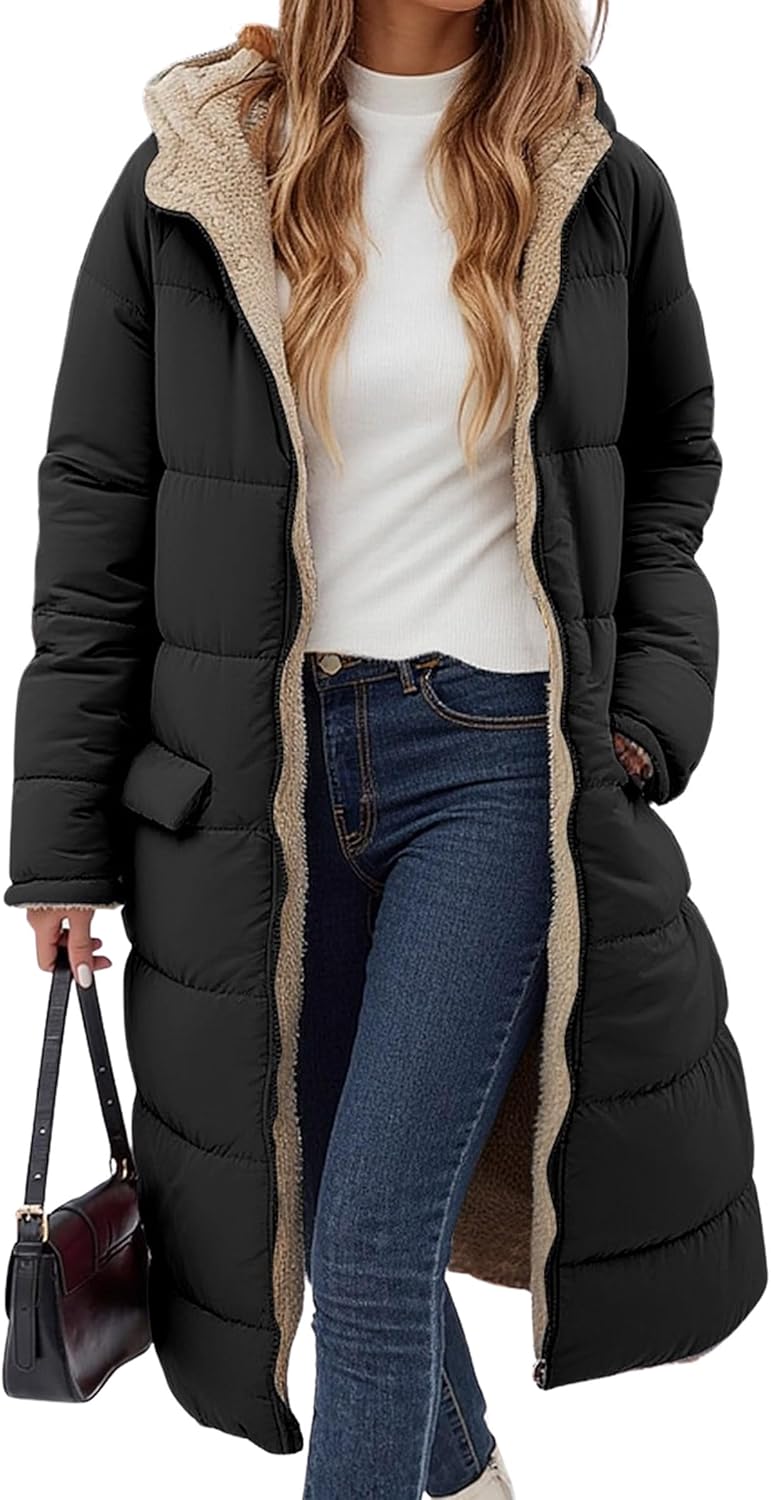 ECOWISH Women Winter Puffer Jacket - Reversible Fur Fleece Lined Hood Zip Sherpa Coat Parka Padded Long Outerwear