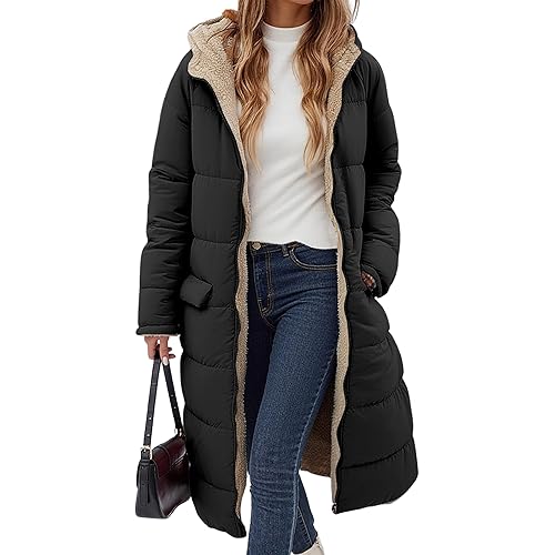 ECOWISH Women Winter Puffer Jacket - Reversible Fur Fleece Lined Hood Zip Sherpa Coat Parka Padded Long Outerwear