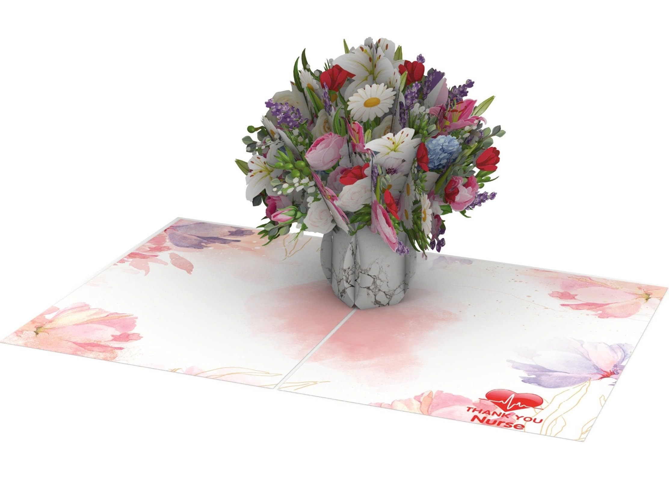 iGifts And Cards Tarjeta desplegable 3D de ramo de agradecimiento para enfermeras, felicitación de 5 x 7 pulgadas con tarjeta de notas y sobre, celebra la semana de las enfermeras, tarjeta floral de