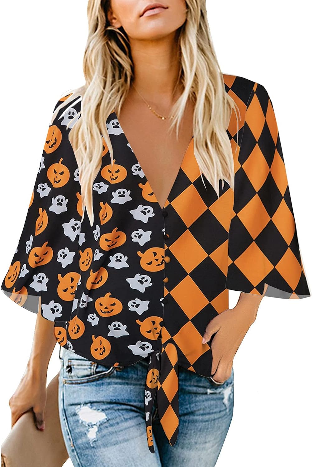 luvamia Women's V Neck Tops 3/4 Sleeve Tie Knot Floral Blouses Button Down Shirts at  Women’s Clothing store