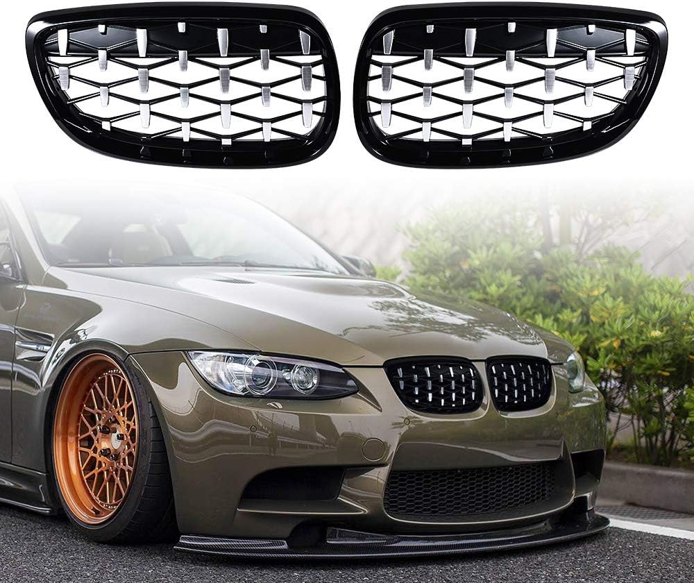 Front Bumper Kidney Grill Grille Compatible for BMW E92 E93 M3 328i 335i Coupe 07-10 (Diamond Meteor-Chrome Glossy Black)