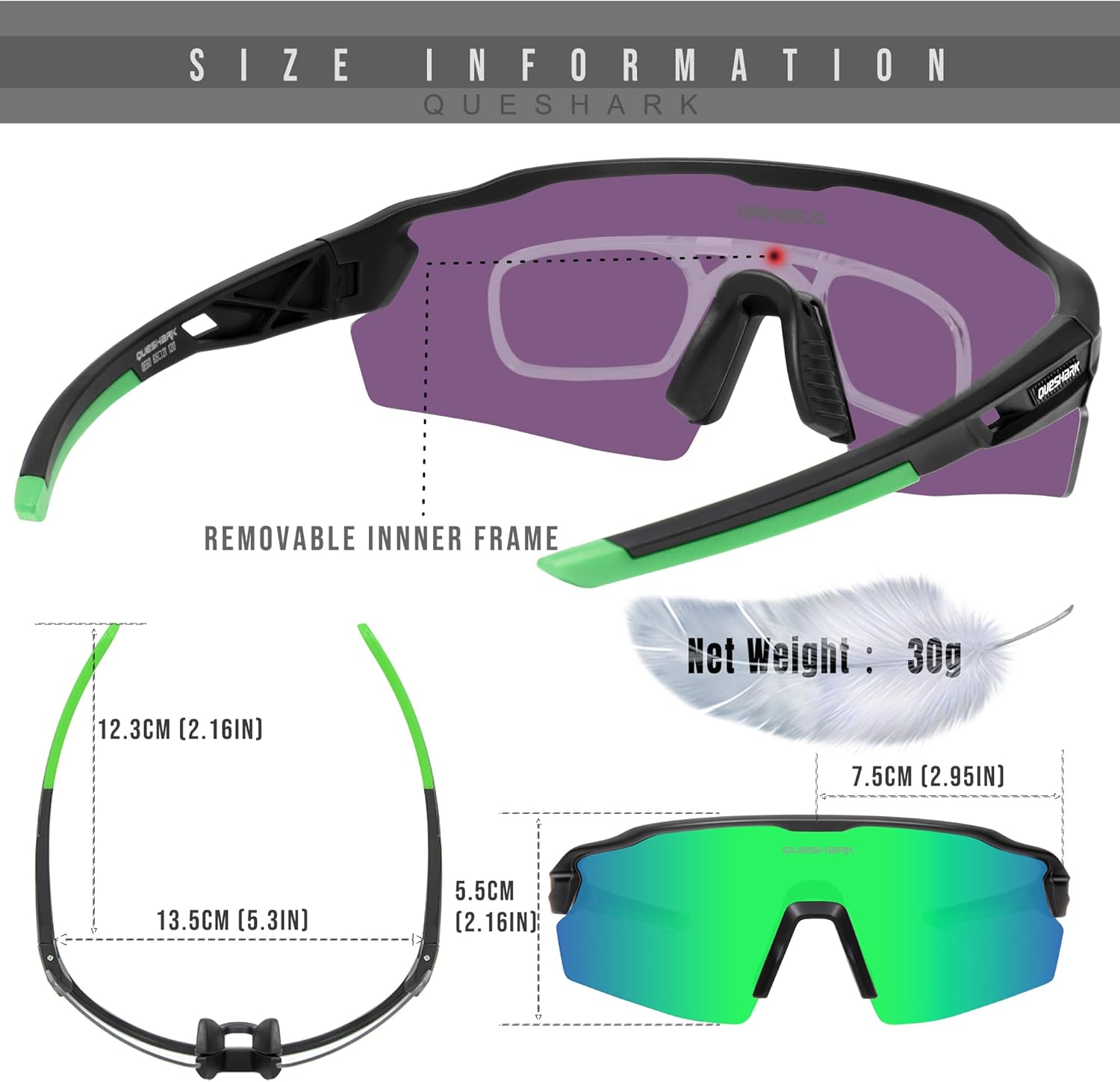 Queshark Polarized Sports Sunglasses, 4 Interchangeable Lenses | UV400 Protection, Cycling Glasses for Mountain Bike Running