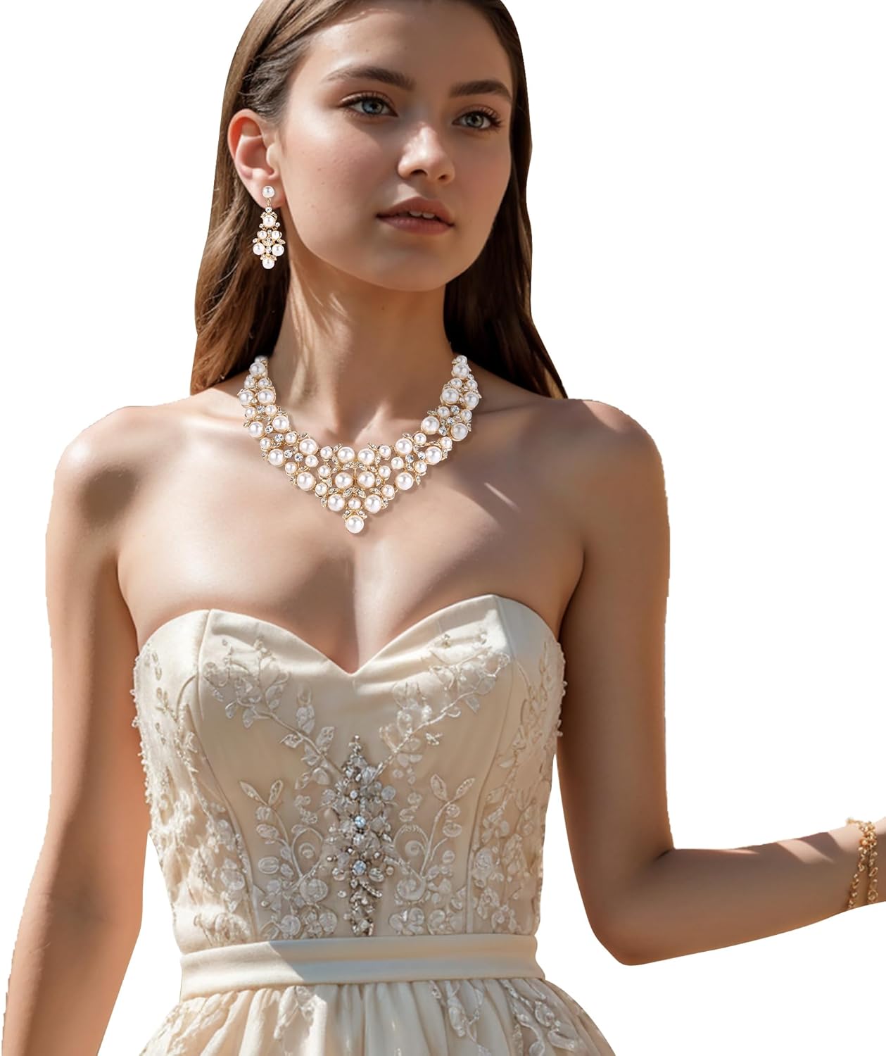 BriLove Women's Wedding Bridal Crystal Cream Simulated Pearl Cluster Statement Necklace Dangle Earrings Set - Image 3