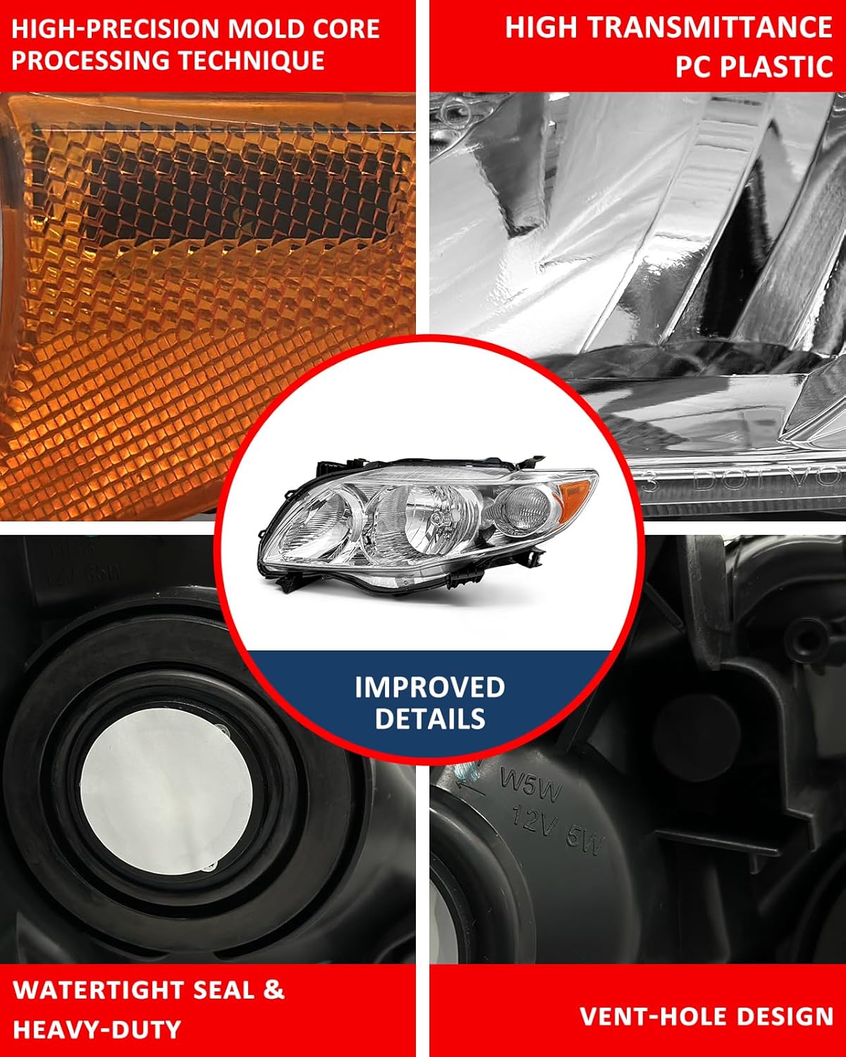 Headlight Assembly compatible with Toyota 09 10 Corolla Base/CE/LE/XLE Models North America Built Vehicle for 2009-2010 Corolla Headlamp Chrome Housing Amber Reflector Replacement L+R（W/O Bulbs）