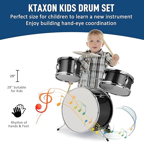 Miniatura 3 de Ktaxon Juego de batería para niños, 3 piezas, kit de batería para principiantes con taburete trono, pedal de bombo y 2 baquetas, instrumentos