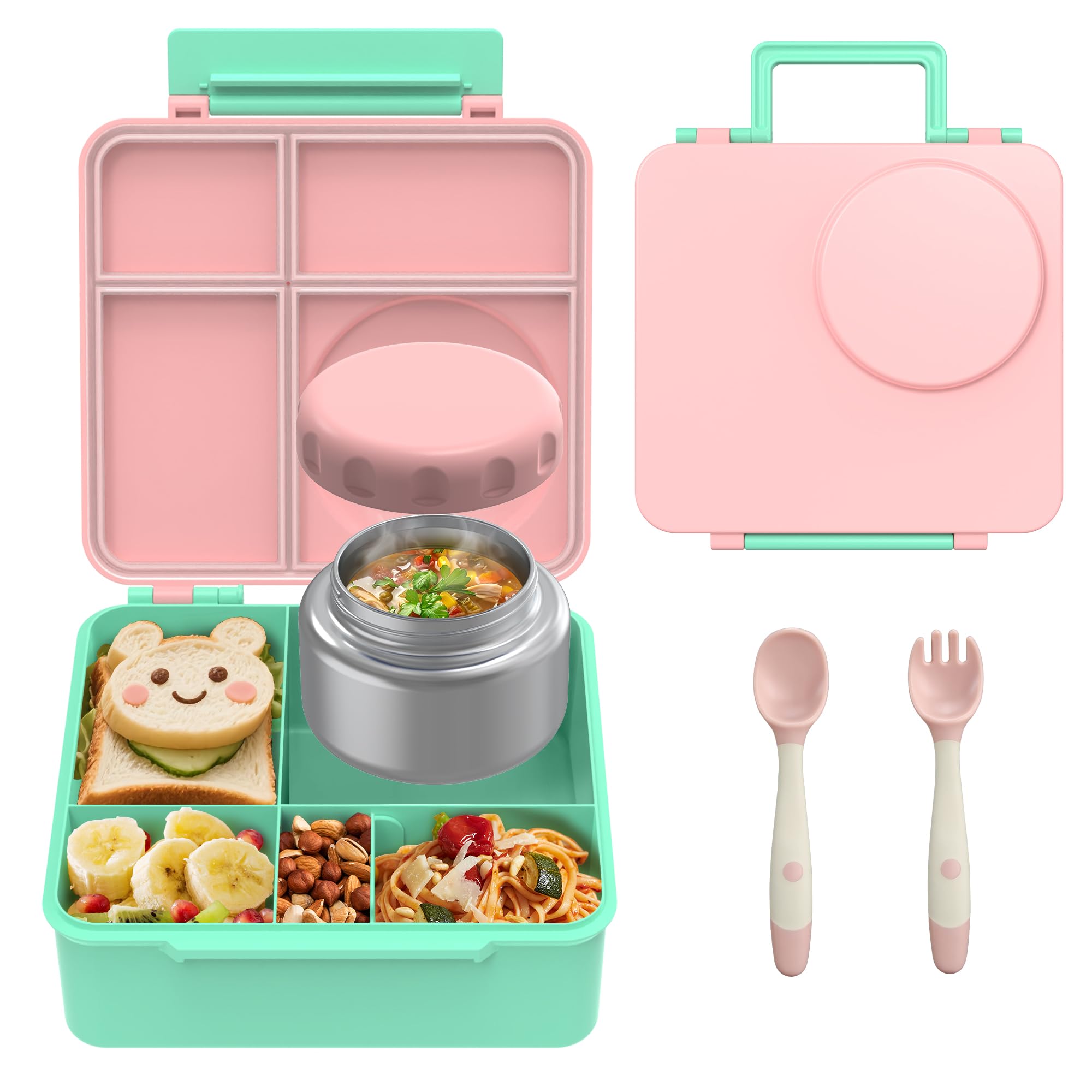 joyYum Bento Box for Kids, Bento Box Adult Lunch Box with Utensils, Stainless Steel Thermos Soup Jar, Reusable Snack Containers for School, Work, Travel, BPA-Free, Easy to Clean (Light pink)