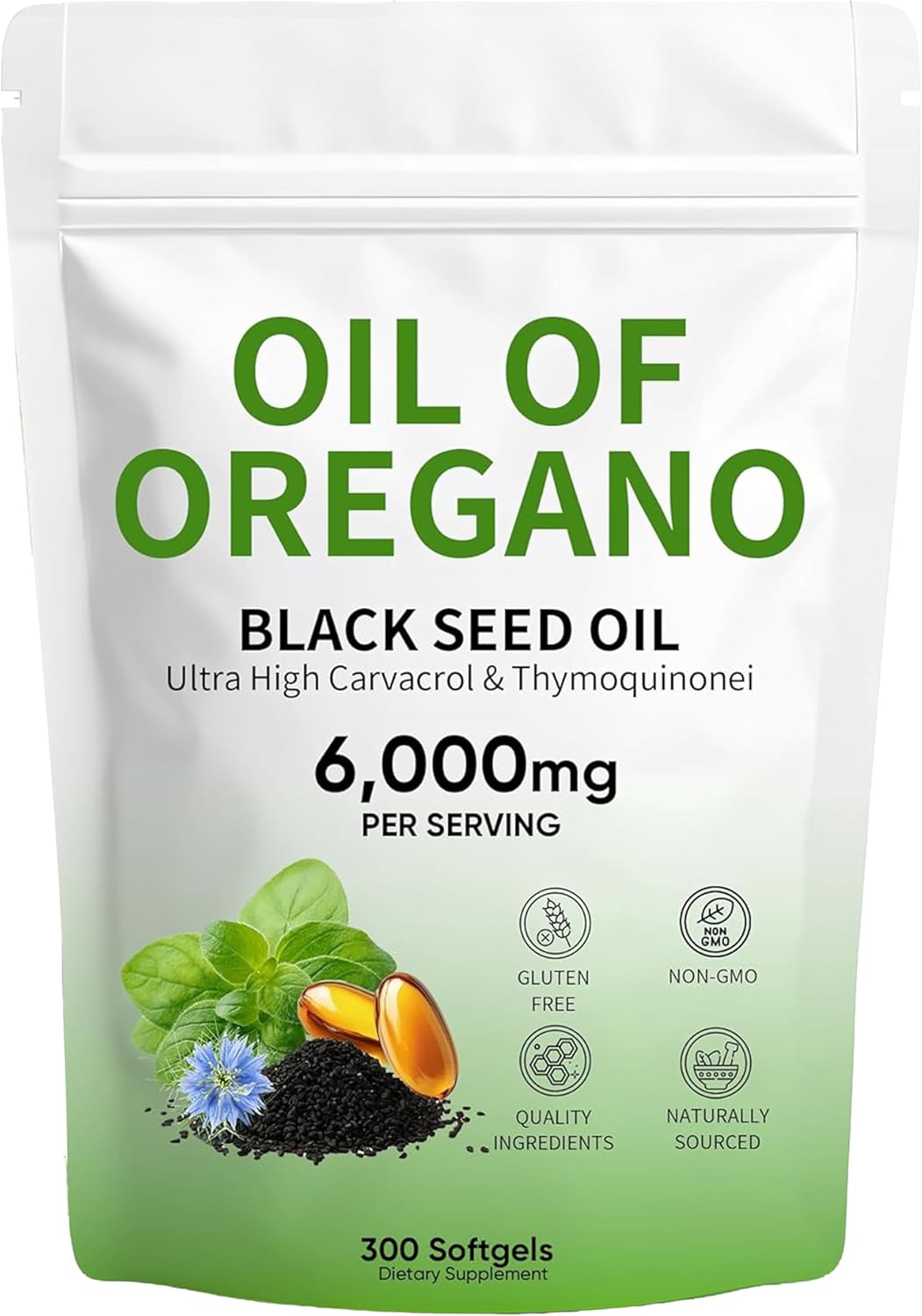 Oil of Oregano Softgels, 300 Count, Non-GMO | 2 in 1 Formulated with 4X Strength Carvacro | Black Seed Oil l & Thymoquinone | Plant Based