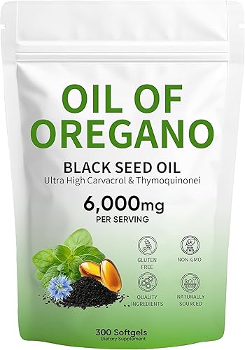 Aceite de cápsulas blandas de orégano, 300 unidades, sin OMG  2 en 1 formulado con Carvacro 4 veces más fuerte  Aceite de semilla negra l y
