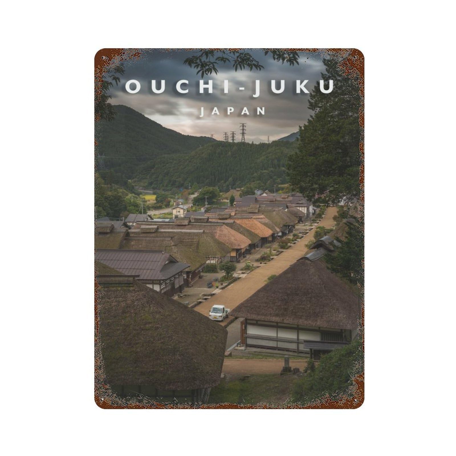 OuchiJuku Village Rusty Metal Tin Sign 15.7"x11.8", Ideal for Pub, Kitchen And Man Cave Decor