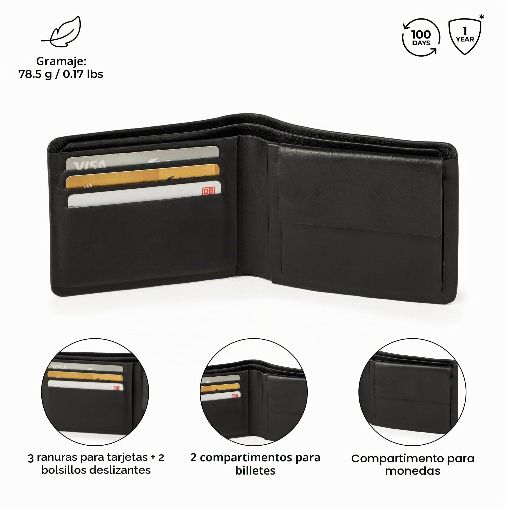 Berliner Bags Cartera Hombre de Piel Parker, Billetera Compacta con Monedero, Protección RFID y Tarjetero - Negro