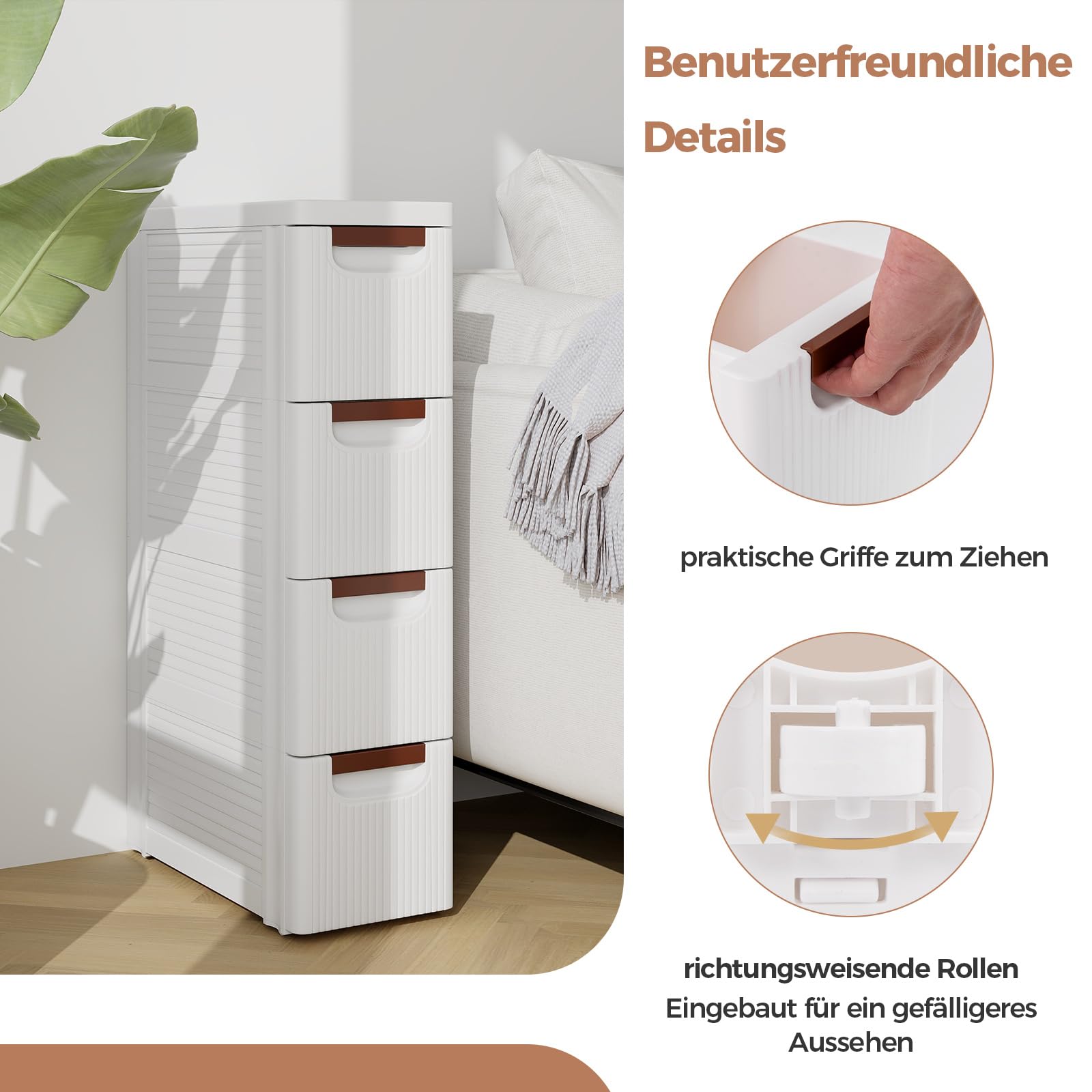 COSTWAY Nischenschrank schmal mit Rollen, Nischenregal 20cm breit, Nischenwagen mit 4 Schubladen, Badrollwagen für Bad, Klassenzimmer, Studio & Salon, Weiß, 42 x 19 x 74 cm