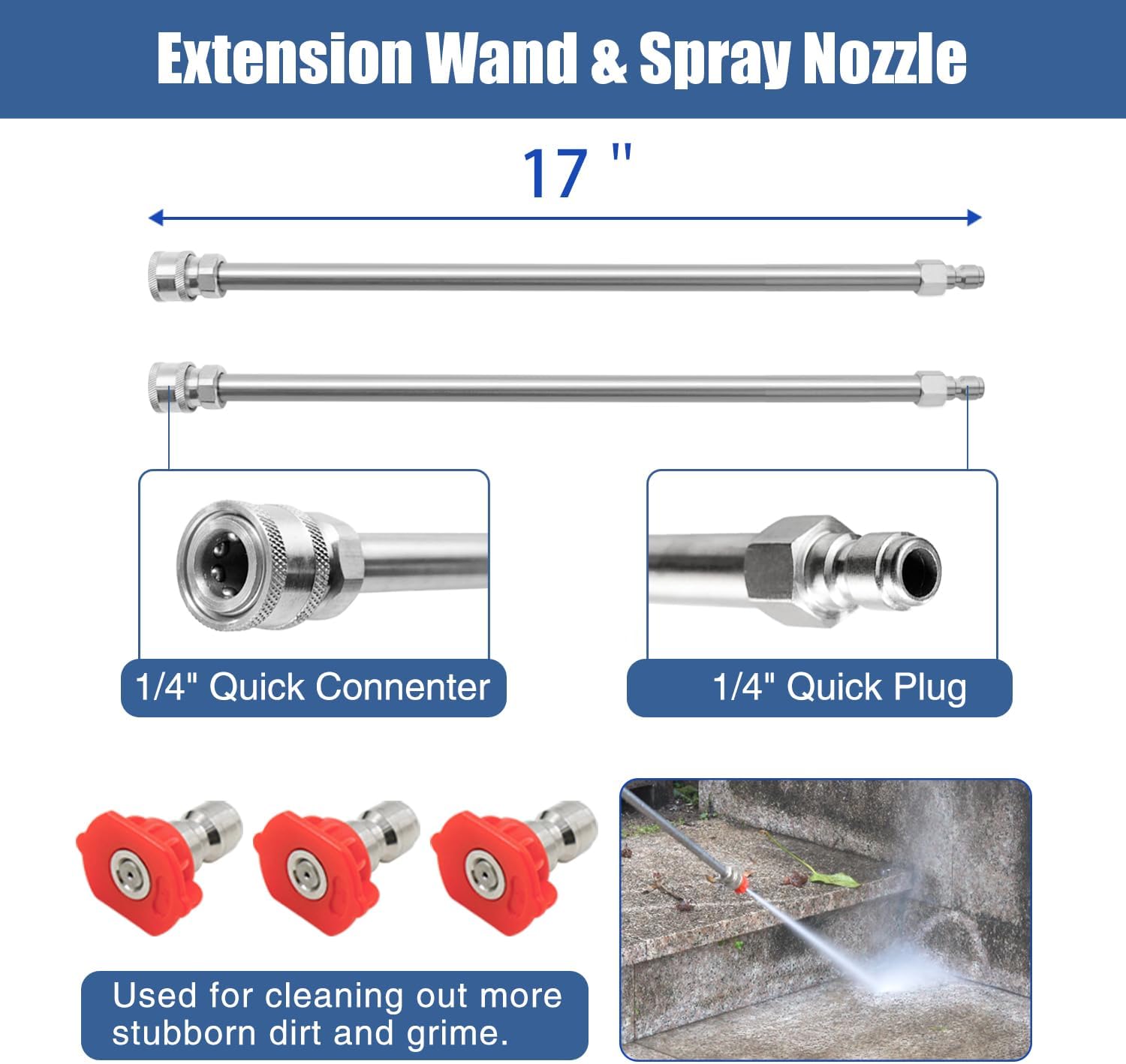JANZ 16" Pressure Washer Surface Cleaner with 4 Wheels, Stainless Steel Housing, 1/4" Quick Plug, 2 Extension Wand Attachments, 2 Replacement Nozzles and 3 Spray Nozzles, 4000 PSI