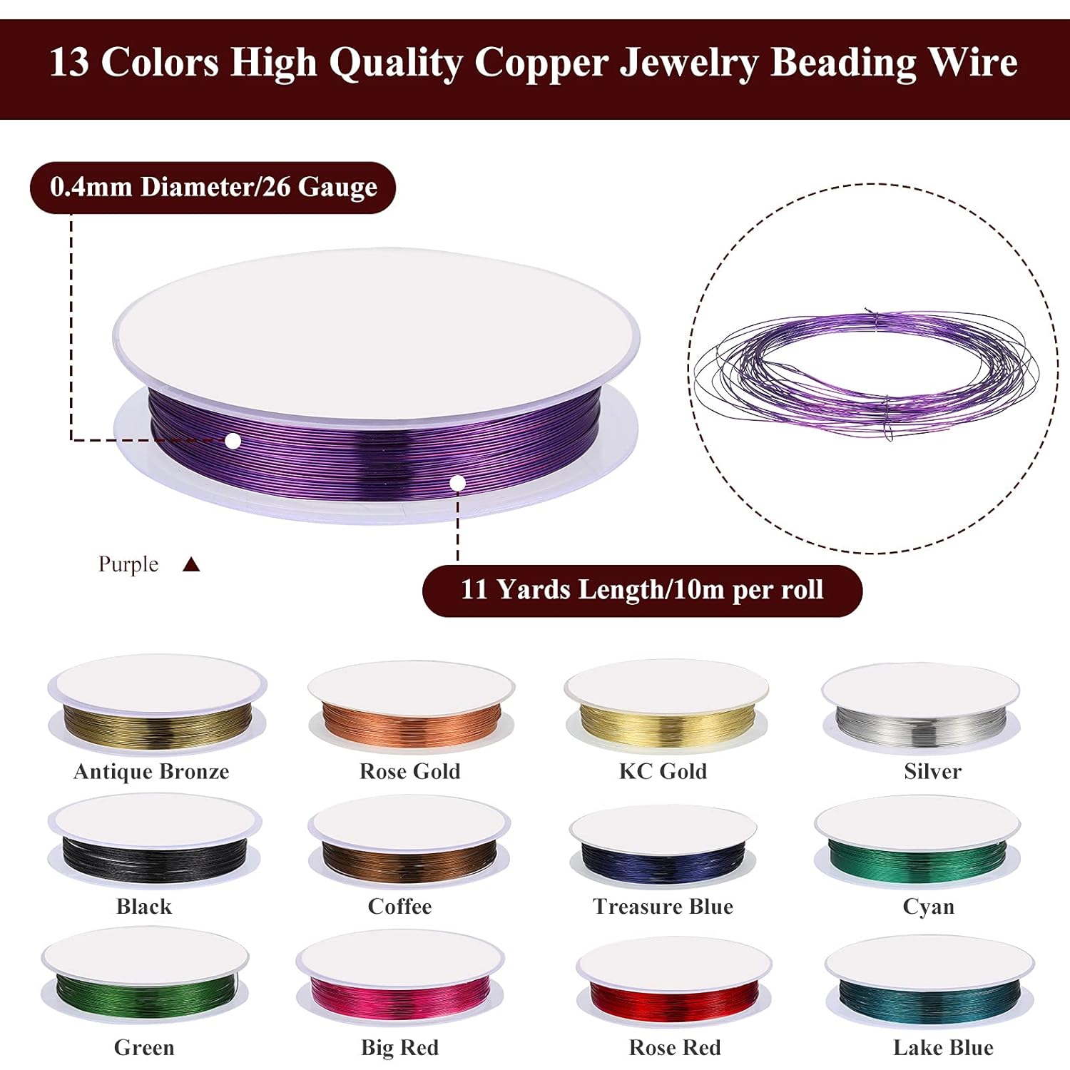 Hotop 13 Rolls Jewelry Making Supplies Colorful Craft 26 Gauge Wire for Jewelry Making Tarnish Resistant Copper Beading Flexible Metal Craft Wire, 142 Yards in Total, 13 Colors - Image 6