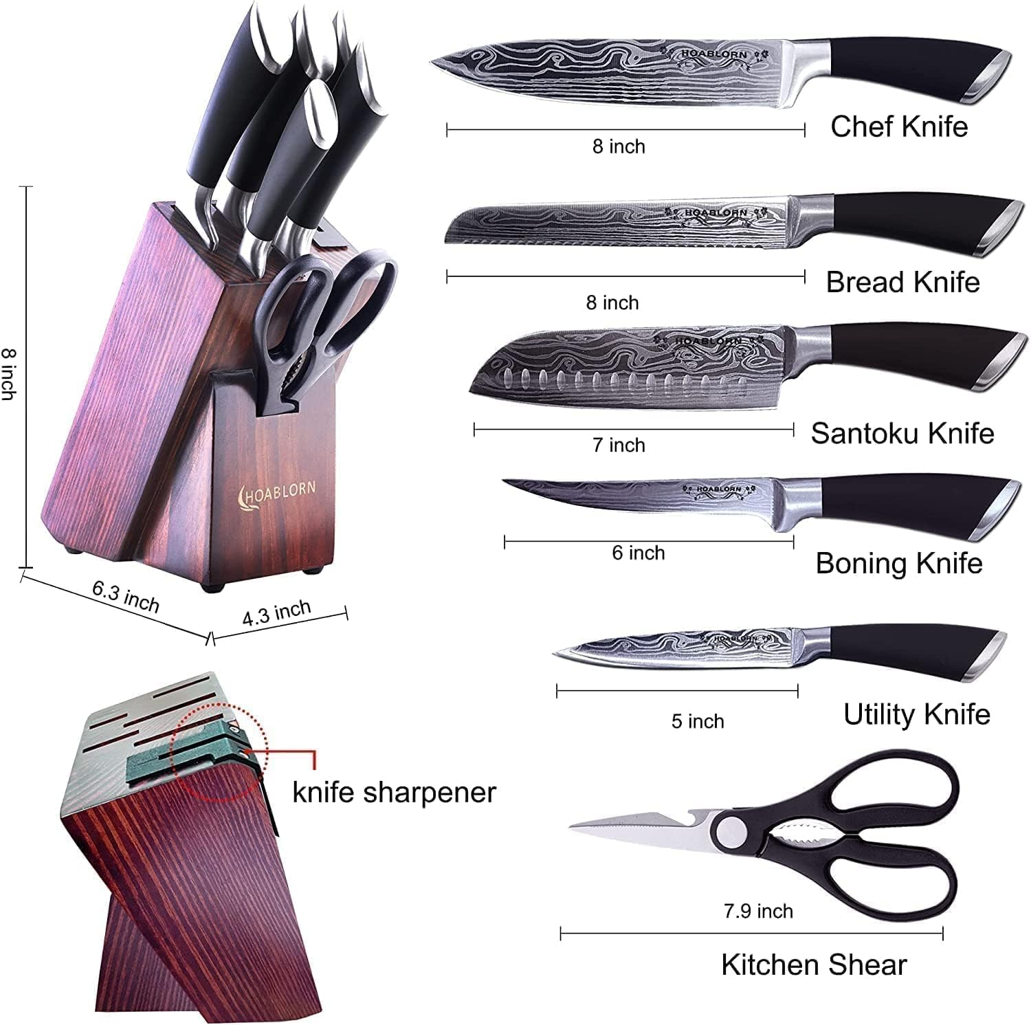 Knife Set, 7-Piece Kitchen Knives Set with Block Professional Stainless Steel Knives Set for Kitchen Damascus Knives Set with Built-in Knife Sharpener for Chef's Family - Image 2