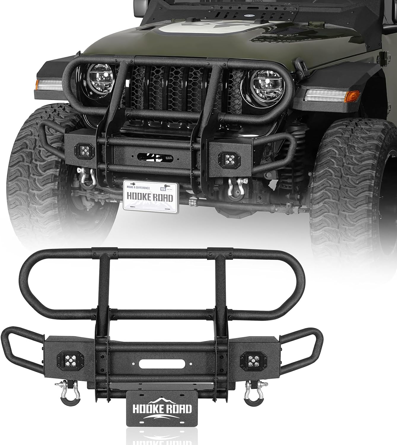 Hooke Road Wrangler/Gladiator Tube Front Bumper Grille Brush Guard for 2018-2026 Jeep Wrangler JL & Gladiator JT 2/4 Doors, Tubular Bull Bar Rock Crawler Bumper
