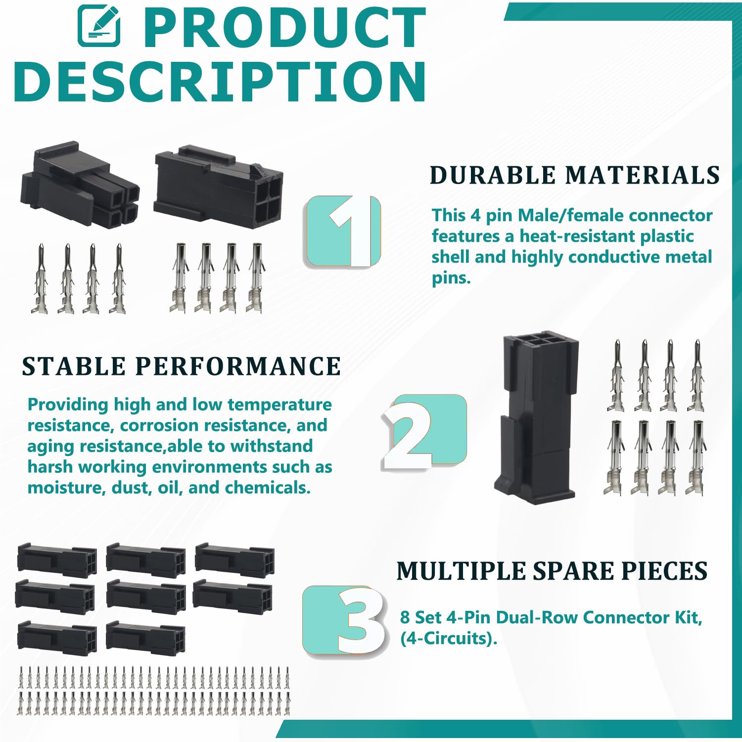 8 Match Set 4-Pin Wire Connector Kit, (4-Circuits) W/18-24 AWG, 4-Pin Connector, Compatible with Molex Connector Kit