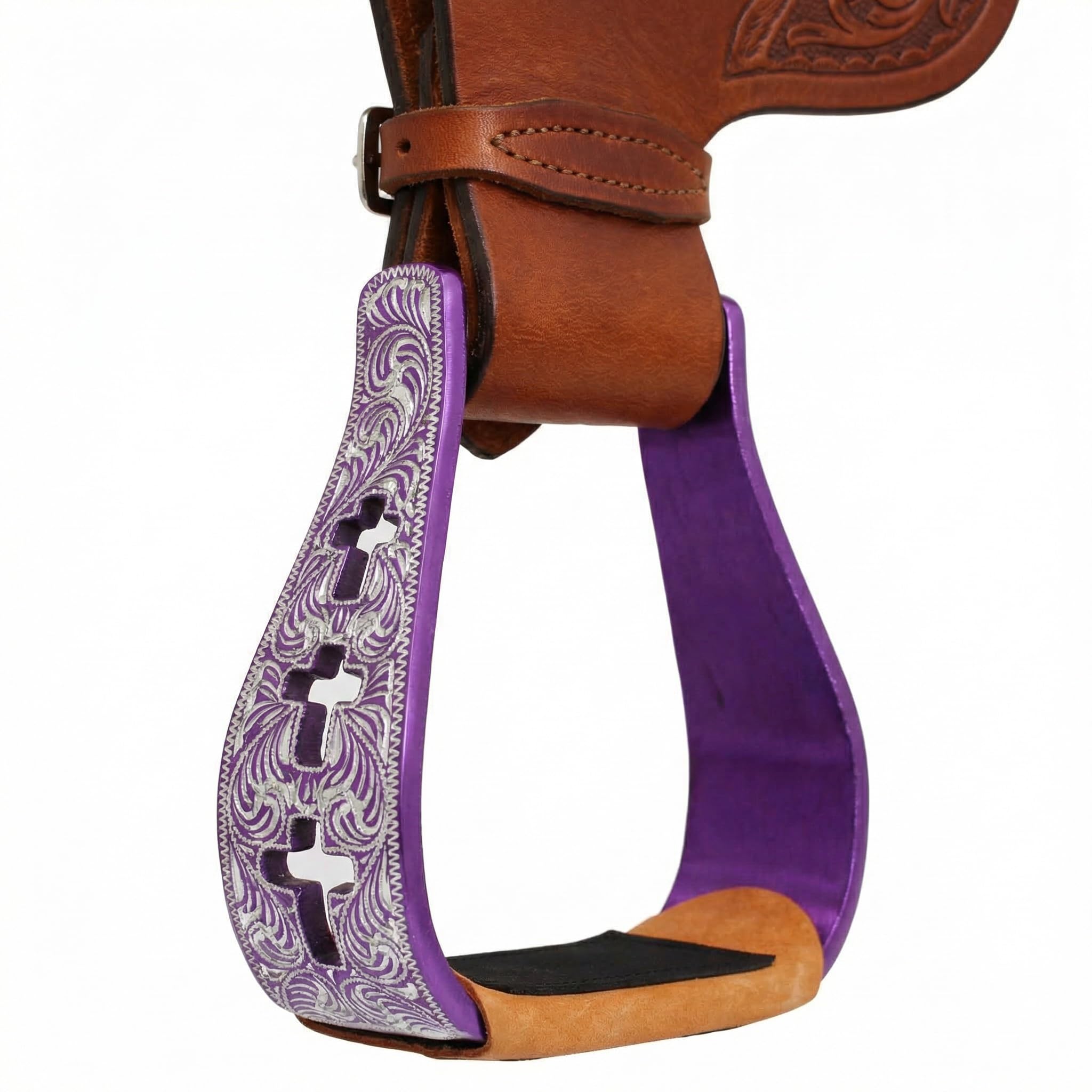 Western Show - Sillín de caballo con estribos de cuero de aluminio grabado en cruz 5145v