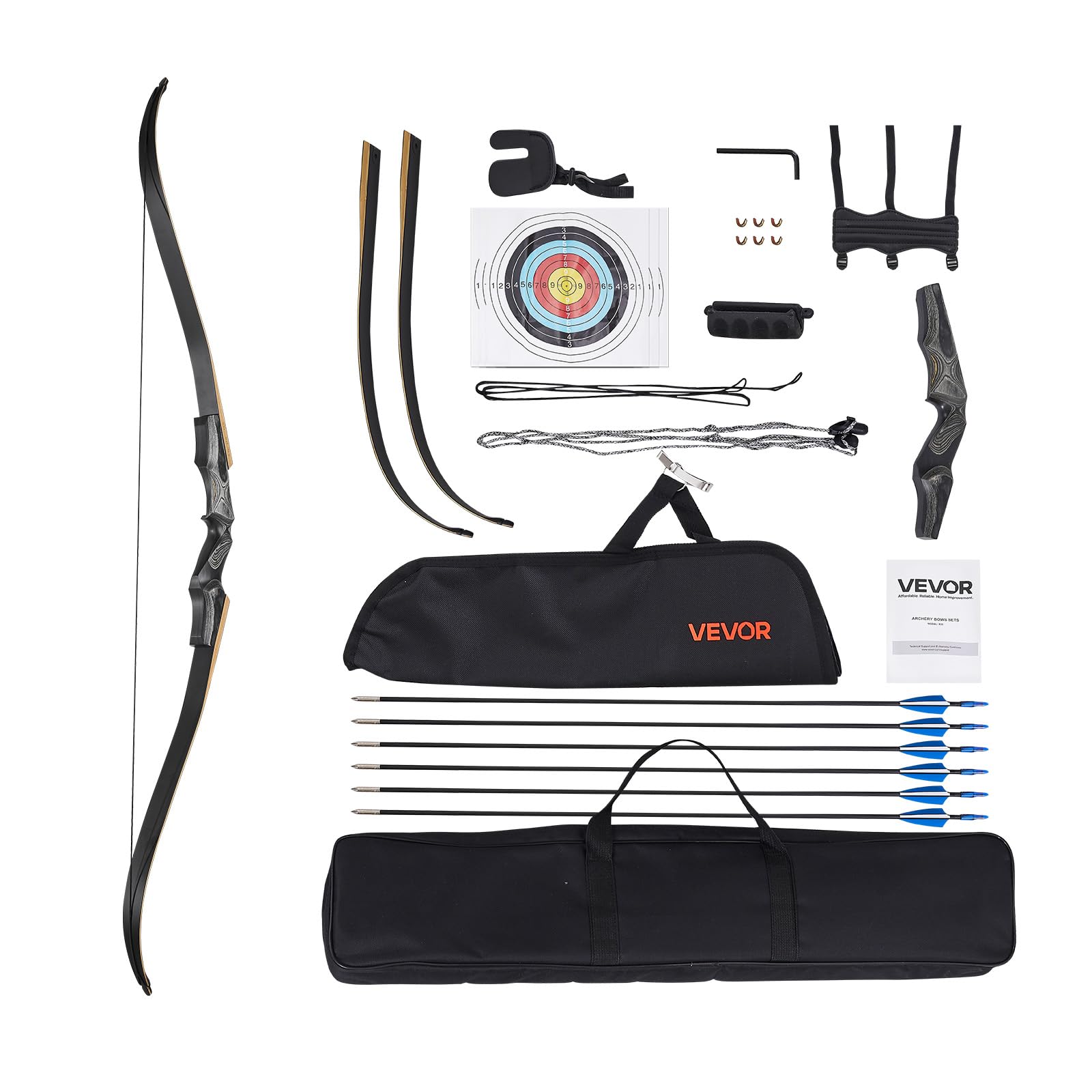 VEVOR Kit Arc Recourbé et Flèches Démontables en Bois 1524 mm, Ensemble Tir à l'Arc pour Droitier, 22,68 kg