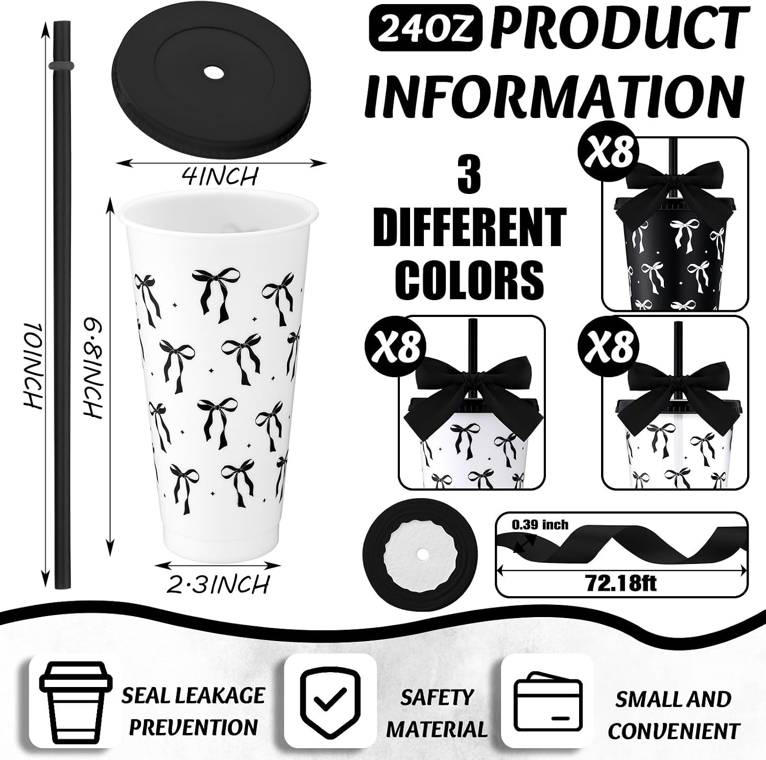 Skylety 24 Pcs Black Bow Plastic Cups with Lid Straw and Ribbon