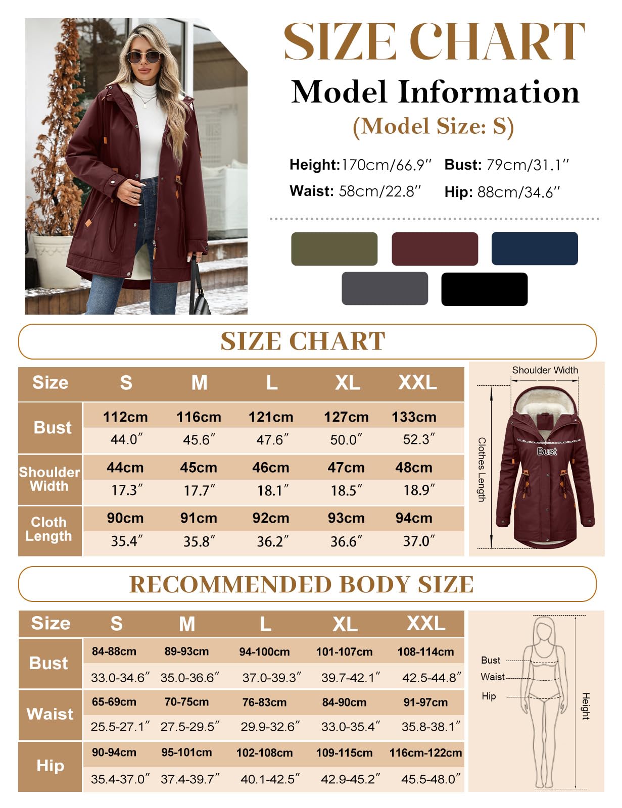CMTOP Winterjacke Damen Warm Fleece Gefüttert Mittellang Wintermantel Parka