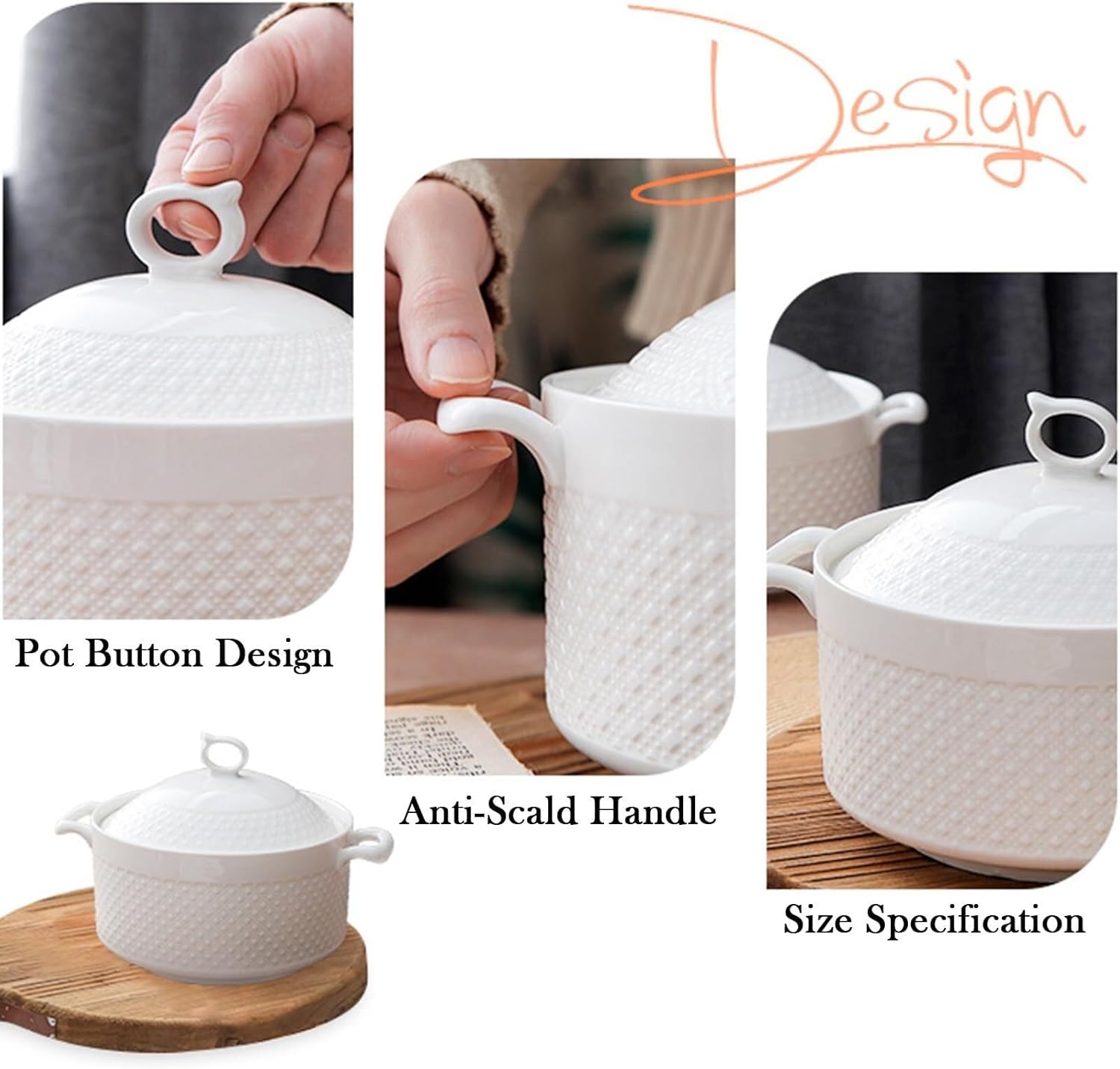 White Ceramic Round Tureen Round Porcelain Serving Soup Tureen, Heat-Resistant Premium Ceramic Bowls Lid Cooking Soup for Restaurant Home Kitchen Decoration