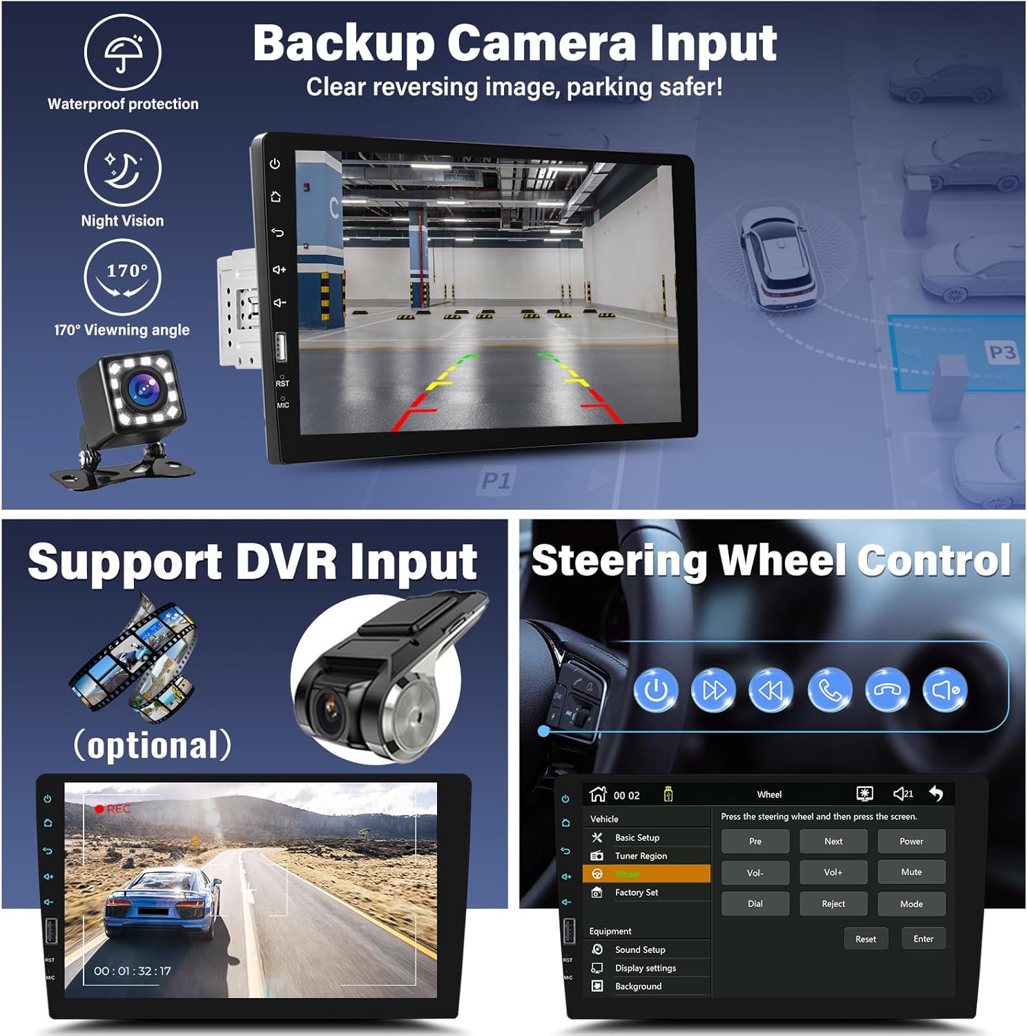 Backup camera display, optional DVR input, and steering wheel control interface on UNITOPSCI car stereo.