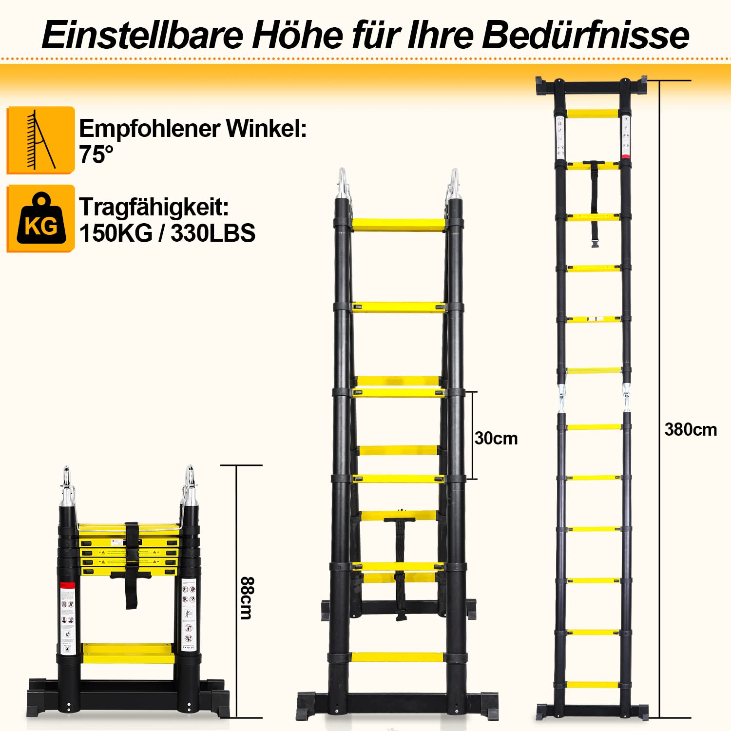 Fiqops Aluminium telescopische ladder, uittrekbare ladder, antislip aluminium ladder, multifunctioneel, 150 kg belastbaarheid, 3,2 m