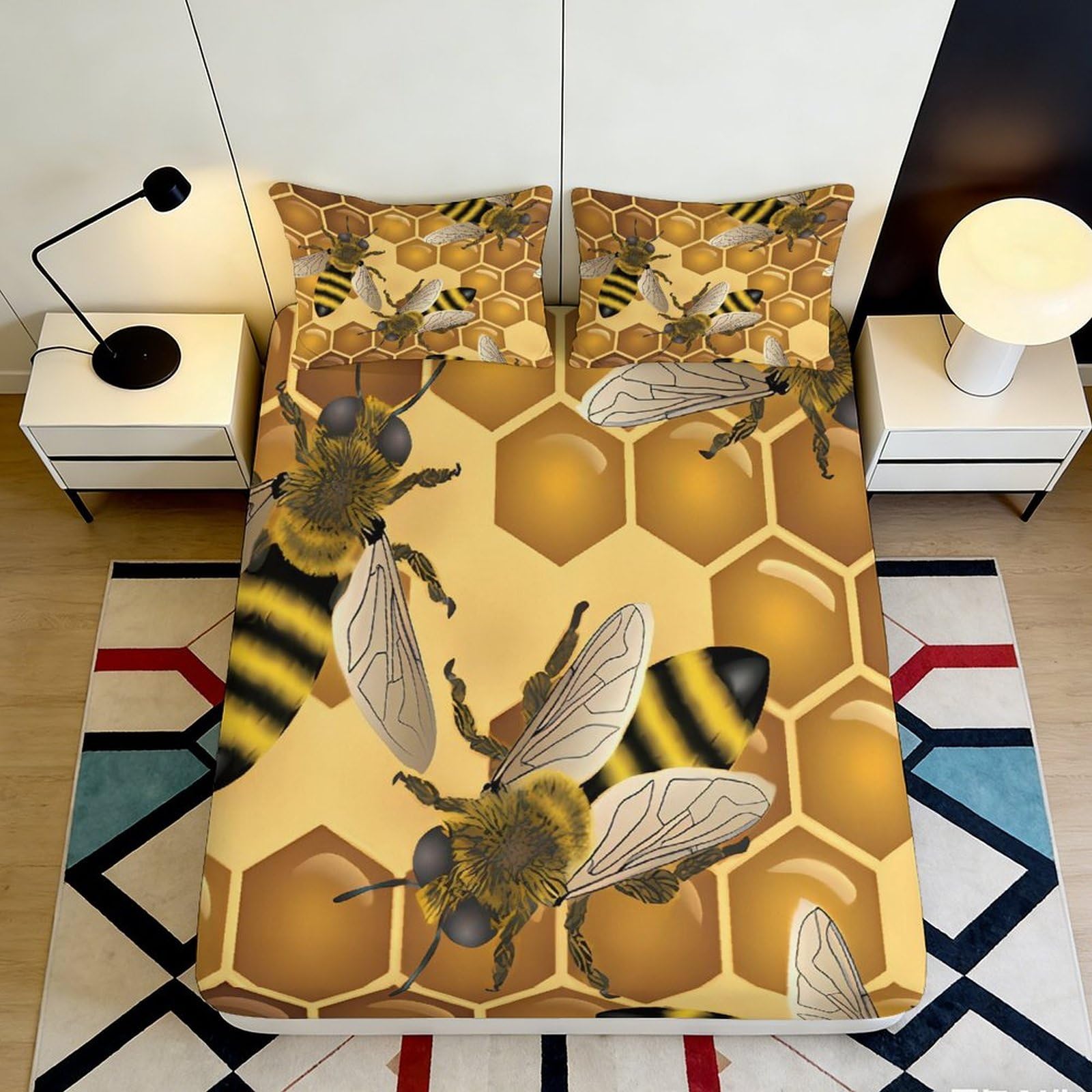Jqzkxnhpbr Style-8 3D Printed Honeycomb Bee Fitted Sheet Microfiber Soft Anti-Slip Bedroom Decor Bed Cover For All Ages 90X200x25cm