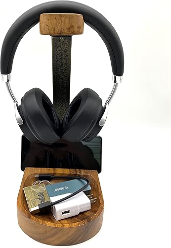 Miniatura 6 de Wrightmart Soporte de madera para auriculares, soporte universal para auriculares, colgador de auriculares de escritorio con ranura para teléfono